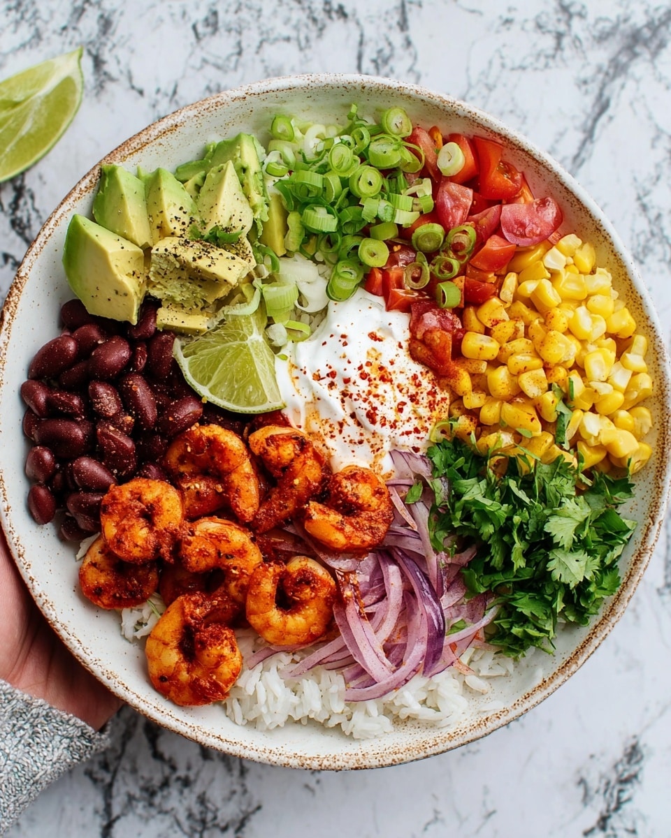 A white, round plate shows a colorful dish with six main layers arranged in separate sections. On the bottom left, there are thin slices of green avocado with black pepper on top, next to light green sliced scallions. Moving clockwise, there is a layer of thin red onion slices, alongside bright red diced tomatoes. Below the tomatoes is a pile of yellow corn kernels sprinkled lightly with red spices. In the center, reddish grilled shrimp sit on a bed of white rice mixed with dark kidney beans and green herbs. A dollop of white sour cream with red spice sprinkled on top and a half lime sits near the shrimp, next to a small heap of chopped fresh green parsley. The dish is placed on a white marbled surface with a light piece of cloth nearby. photo taken with an iphone --ar 4:5 --v 7