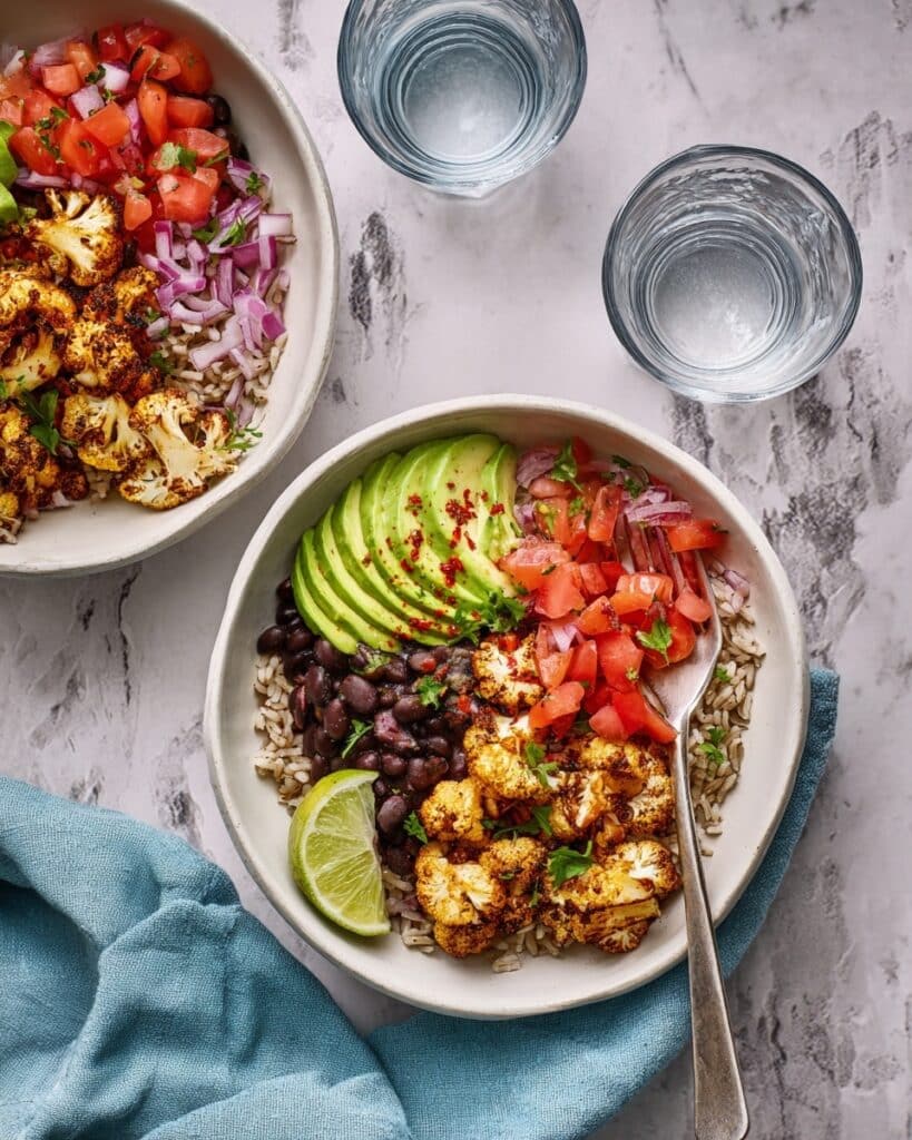 Cauliflower Burrito Bowls with Black Beans, Tomato Salsa, and Avocado Recipe
