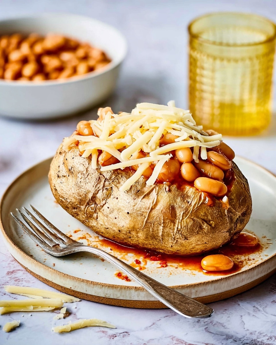 A baked potato with a rough, brown, crispy skin sits centered on a simple white plate with a beige rim, resting on a white marbled surface. The potato is cut open on top, revealing a soft inside filled with orange baked beans in thick tomato sauce that spills slightly onto the plate. On top of the beans, there is a generous layer of pale yellow shredded cheese, some melting slightly into the warm beans. Scattered pieces of cheese and beans are around the potato on the plate, and an old-fashioned silver fork lies beside it. In the background to the right, a beige bowl filled with more baked beans sits slightly blurred. Photo taken with an iphone --ar 4:5 --v 7