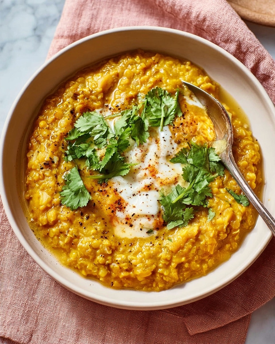 The dish is served in a round light gray bowl filled with a thick, creamy, orange-yellow lentil stew that has a slightly chunky texture. On top of the stew, there is a dollop of white yogurt or cream in the center, sprinkled with a touch of black pepper. Bright green fresh cilantro leaves are placed over the yogurt, adding a fresh contrast. A silver fork rests inside the bowl on the right side, partially dipped into the stew. The bowl sits on a soft pink cloth which covers a white marbled surface. Photo taken with an iphone --ar 4:5 --v 7