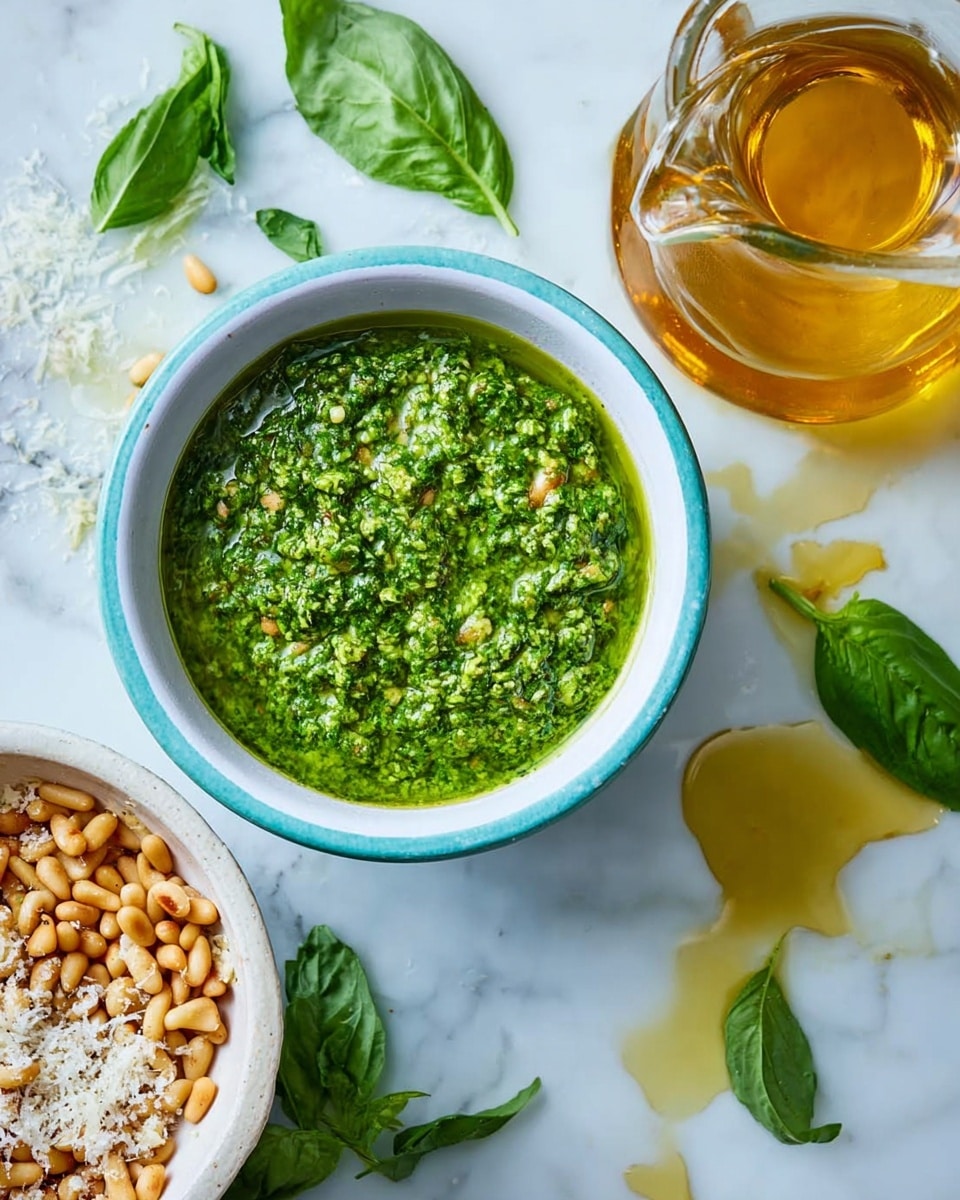 A white bowl filled with green pesto sauce sits at the top center of the image, showing a rough texture with visible bits of herbs and nuts. Below it to the left is a smaller white bowl with light brown pine nuts and bright green basil leaves on top. To the right of this bowl is a glass jug containing golden olive oil, which reflects light softly. The items are placed on a white marbled surface with a blue and white checkered pattern partially visible around the edges. Small scattered basil leaves, grated cheese, and drops of oil add extra detail around the bowls. Photo taken with an iphone --ar 4:5 --v 7