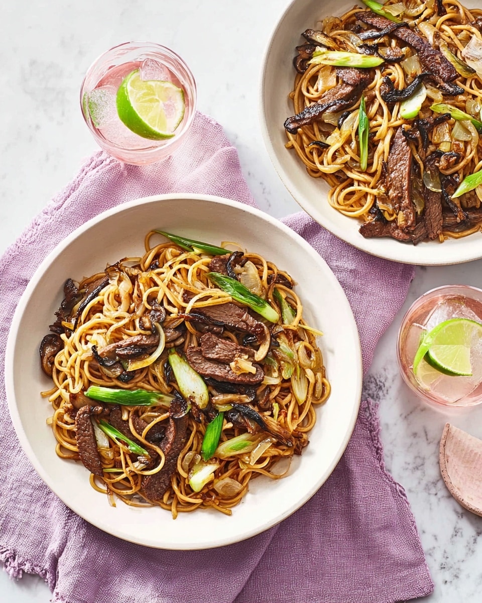 Two white bowls filled with stir-fried noodles sit on a white marbled surface. Each bowl contains three main layers: the base of light brown, slightly saucy noodles, topped with dark brown grilled mushroom slices, and bright green pieces of scallion scattered on top. Thin strips of cooked beef with a caramelized surface are mixed among the noodles and mushrooms in each bowl. Two clear glasses of water with lime slices are placed near the bowls, along with a folded pink cloth napkin near the upper bowl and a purple cloth napkin underneath the lower bowl. The photo is taken with an iphone --ar 4:5 --v 7