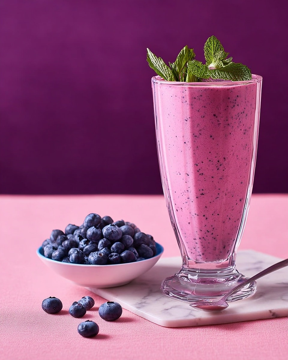 A tall clear glass filled with a thick, creamy pink smoothie that has tiny dark specks inside, showing blended fruit pieces. The glass is topped with a fresh green mint sprig and has a transparent straw on the left side. Next to the glass is a small white bowl filled with fresh, plump blueberries, with a few blueberries scattered on the white marbled surface beside it. The background is a deep purple color, and the glass and bowl rest on a soft pink mat on the white marbled surface. photo taken with an iphone --ar 4:5 --v 7
