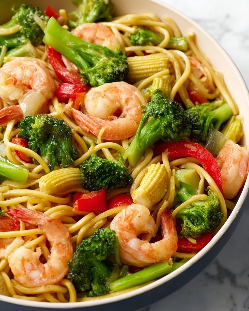 A close-up image of a colorful noodle stir-fry served in a white bowl. The dish has three main layers: at the bottom are light brown, curly noodles that fill the bowl. On top of the noodles, there are bright green broccoli florets and small yellow baby corn arranged throughout, adding a fresh and crunchy texture. Scattered on top are pink cooked shrimp with a slightly shiny finish, along with small pieces of red bell pepper adding a pop of color. The background is a white marbled surface, making the colors of the food stand out. photo taken with an iphone --ar 4:5 --v 7