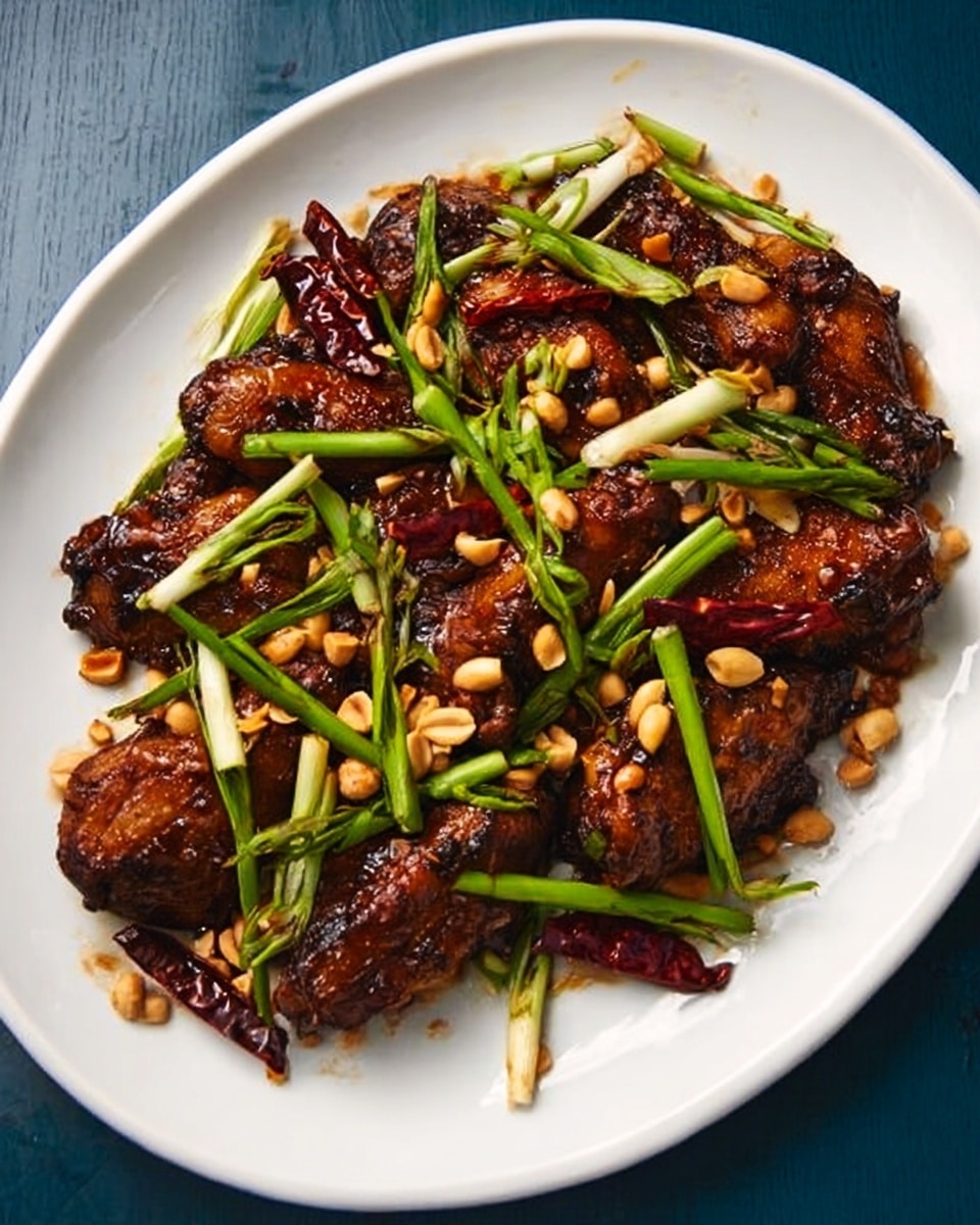 The dish is served on a white plate with a blue inside, filled with several pieces of cooked dark brown chicken arranged unevenly across the plate. Bright green and white long stalks of chopped scallions lie scattered over the chicken, adding a fresh contrast. Toasted light brown peanuts are sprinkled generously across the dish, with whole dried red chili peppers placed on top and among the chicken pieces. The food is presented on a white marbled surface, giving a clean and simple background. The dish has a glossy look from the sauce coating the chicken and peanuts. Photo taken with an iphone --ar 4:5 --v 7