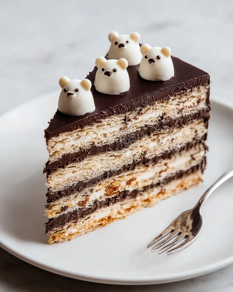 A slice of layered cake is shown on a white plate with a silver fork beside it. The cake has six visible layers alternating between crisp, light brown wafer-like layers and creamy dark chocolate layers. The top layer is a smooth dark chocolate glaze decorated with four small white chocolate shapes resembling teddy bear faces with tiny dark details for eyes and noses. The sides are covered in a glossy dark chocolate coating, giving the cake a rich texture. The plate is placed on a white marbled surface. Photo taken with an iphone --ar 4:5 --v 7