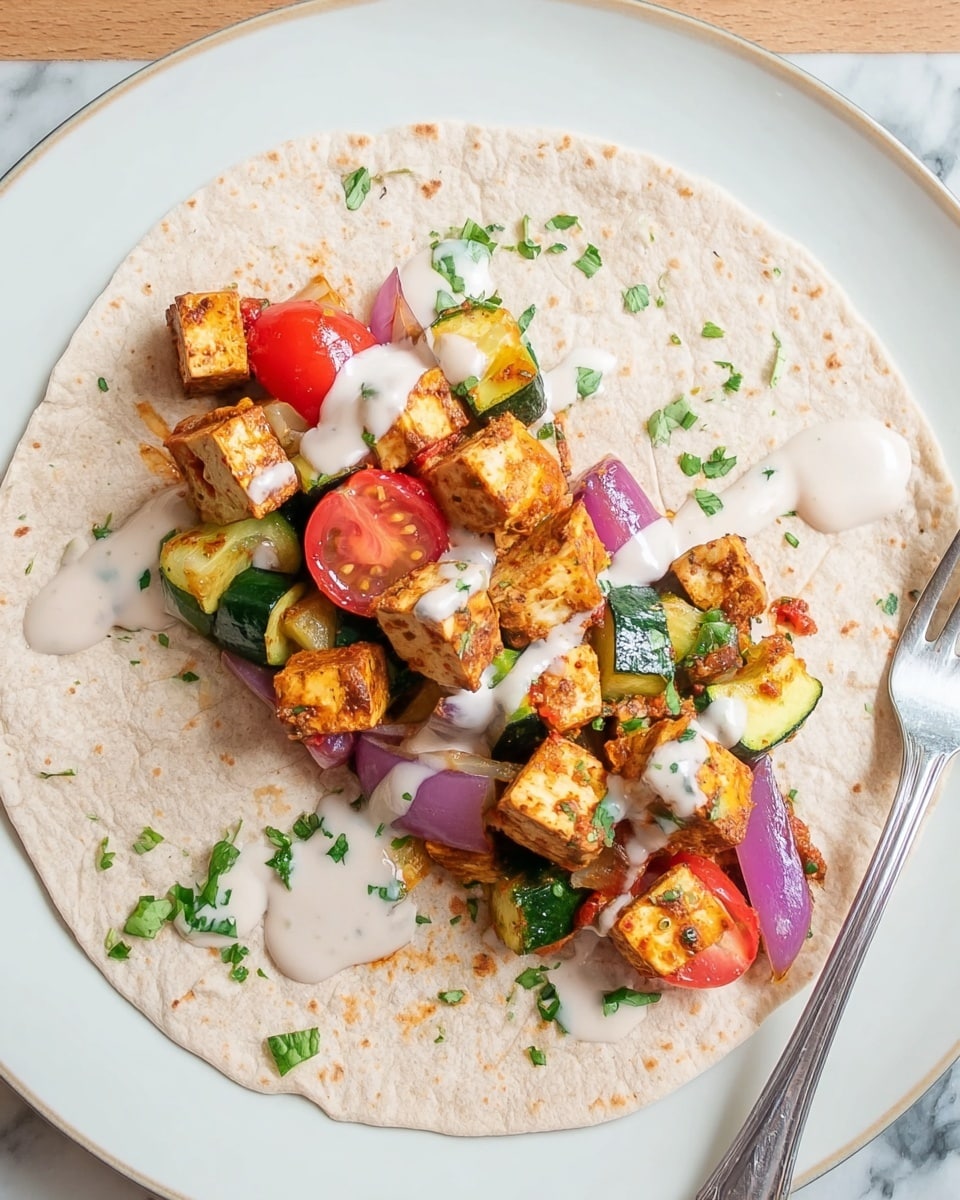 A flat, light brown tortilla flat on a white plate, topped with three main layers: at the bottom, evenly spread grilled vegetables including green zucchini slices, purple-red onion chunks, and small red cherry tomato halves, all mixed with small yellow bits; above that, evenly scattered golden-brown tofu cubes seasoned with spices; on top, small dollops of white creamy sauce drizzled over the tofu and vegetables; the dish is garnished with finely chopped green herbs sprinkled across. A fork is partially visible at the top left edge of the plate. The setup is shown on a white marbled texture. photo taken with an iphone --ar 4:5 --v 7