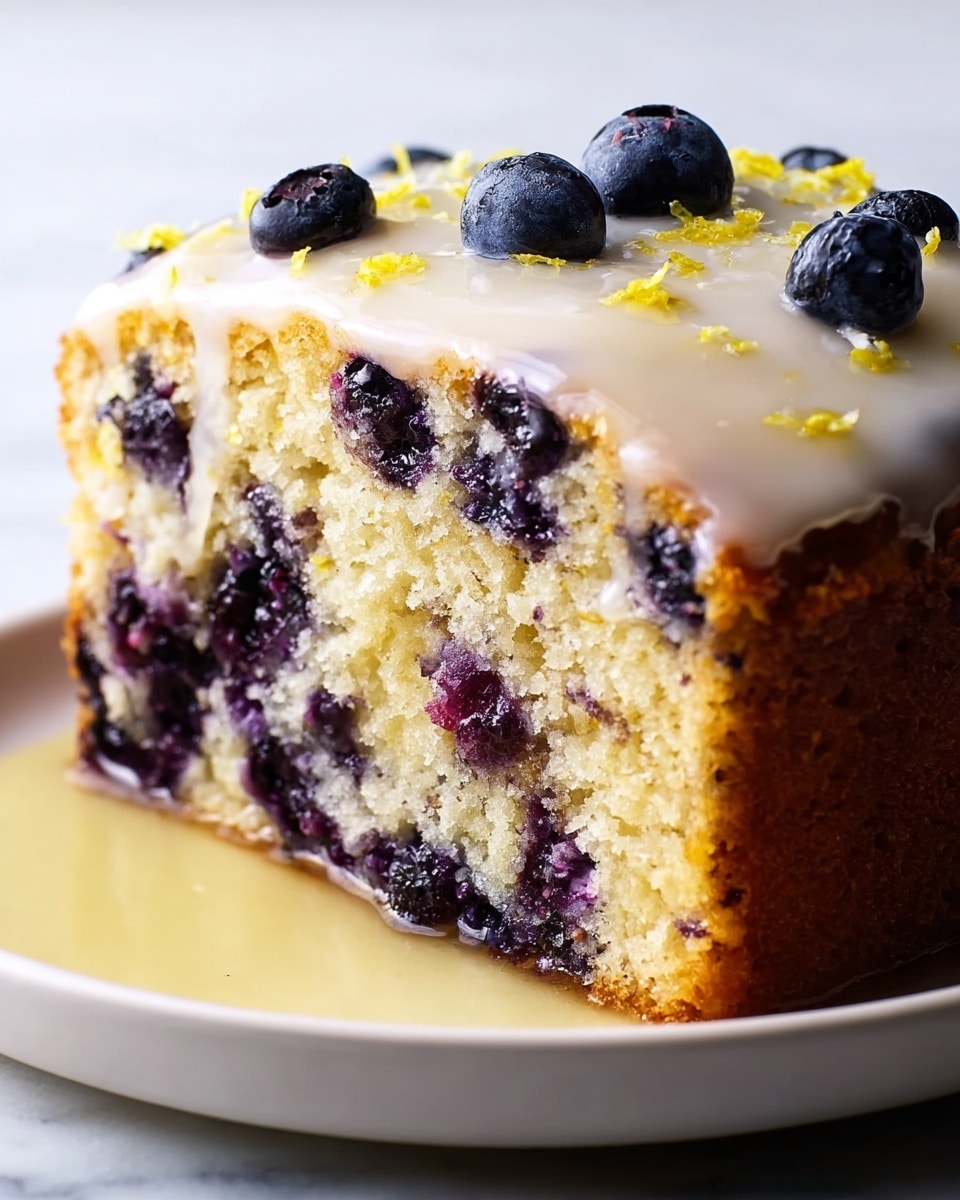 A close-up of a single slice of blueberry cake on a white plate, placed on a white marbled surface. The cake slice has two layers: a moist, light yellow crumb filled with many dark purple blueberries, some slightly squished, and a thin layer of smooth, white glaze on top drizzled with small pieces of bright yellow lemon zest. A light syrup pools at the bottom edge of the cake on the plate, adding shine and a sense of moistness to the dessert. Photo taken with an iphone --ar 4:5 --v 7
