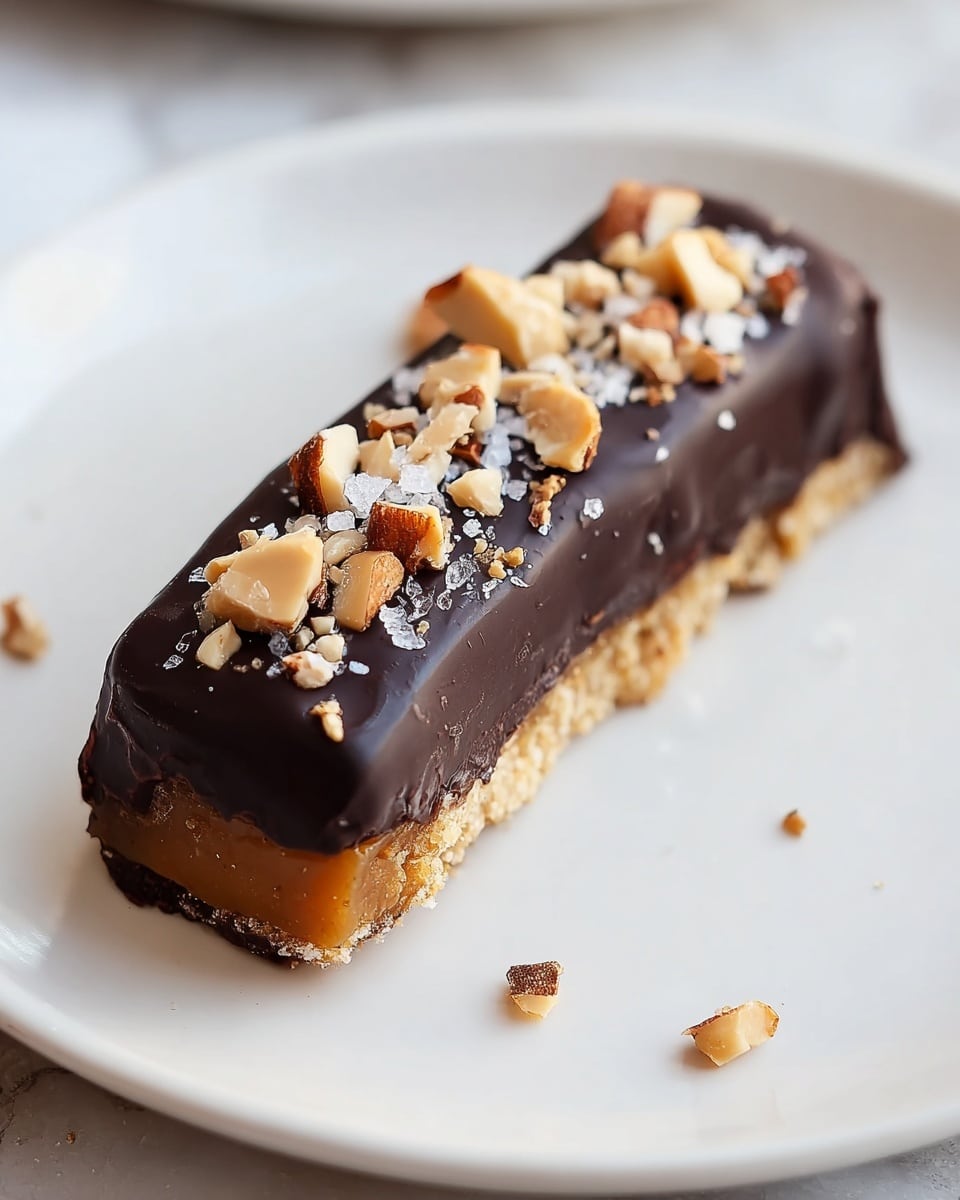 A rectangular bar covered in a thick, glossy dark chocolate layer with a visible chewy caramel layer beneath the chocolate on the top side; the caramel is a golden-brown color with a glossy texture. On top of the bar, there is a line of crushed mixed nuts in light beige and pale brown shades scattered unevenly, adding a rough texture. The bar rests on a smooth white plate set on a white marbled surface, with soft natural lighting highlighting the chocolate shine and nut details. Photo taken with an iphone --ar 4:5 --v 7
