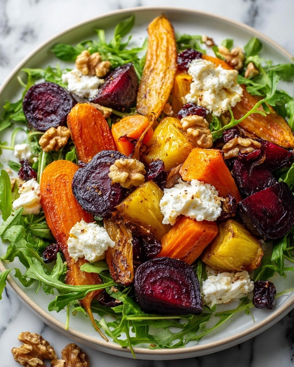 The dish is a colorful roasted vegetable salad served on a white plate, placed on a white marbled surface. The bottom layer is fresh green arugula leaves spread evenly across the plate. On top of this, there are thick chunks of orange carrots, deep red beet slices, and yellow roasted vegetables, all with a slightly charred, soft texture. Scattered among these are dollops of white creamy cheese and whole walnut halves. Small dark red dried berries add contrast throughout the salad. The ingredients are arranged naturally, giving a fresh and hearty look. photo taken with an iphone --ar 4:5 --v 7