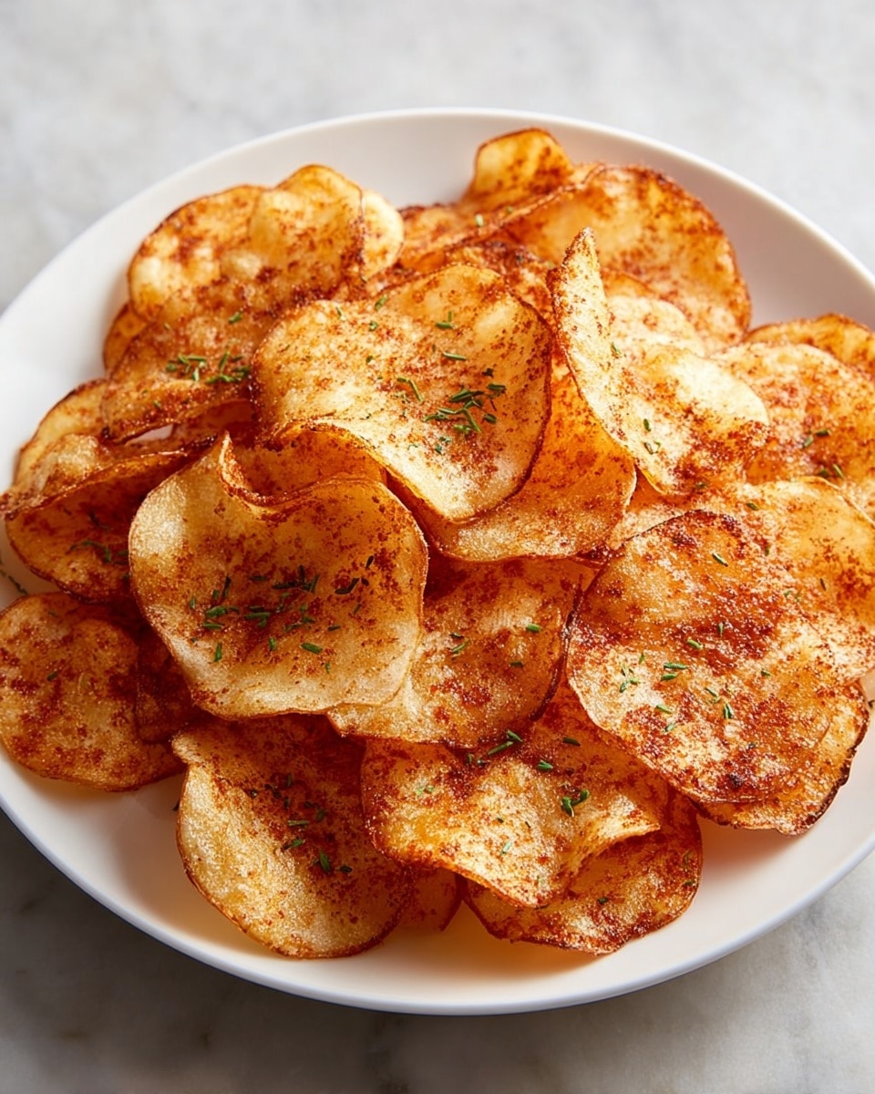 A white plate holds one layer of thinly sliced, round potato chips that have crispy, golden-brown edges with a light tan center. The chips are sprinkled with fine dark seasoning and small, fresh green herb pieces. The plate is placed on a white marbled surface, creating a clean and simple setting. Photo taken with an iphone --ar 4:5 --v 7