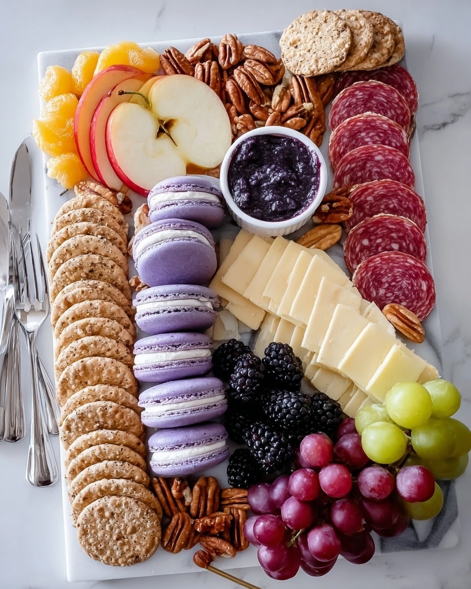 A large rectangular white marble board holds a colorful charcuterie arrangement. Starting from the top left corner, there's a half-sliced red apple with light inner slices fanned out, next to round brown crackers lined in a neat row. Below that, red radish slices, yellow dried apricots, green grape halves, and blueberries are scattered. In the center, stacks of smooth purple macarons with creamy white filling are arranged in three columns. To the right, five folded slices of pale cheese fan out near thin slices of pink and red salami, layered below a darker round cracker row. Around the bottom right, green and red grape clusters, a small pile of pecan nuts, and a small round white dish with dark jam sit among blackberries. The whole scene is set against a white marbled surface with a small silver fork placed above the board, photo taken with an iphone --ar 4:5 --v 7