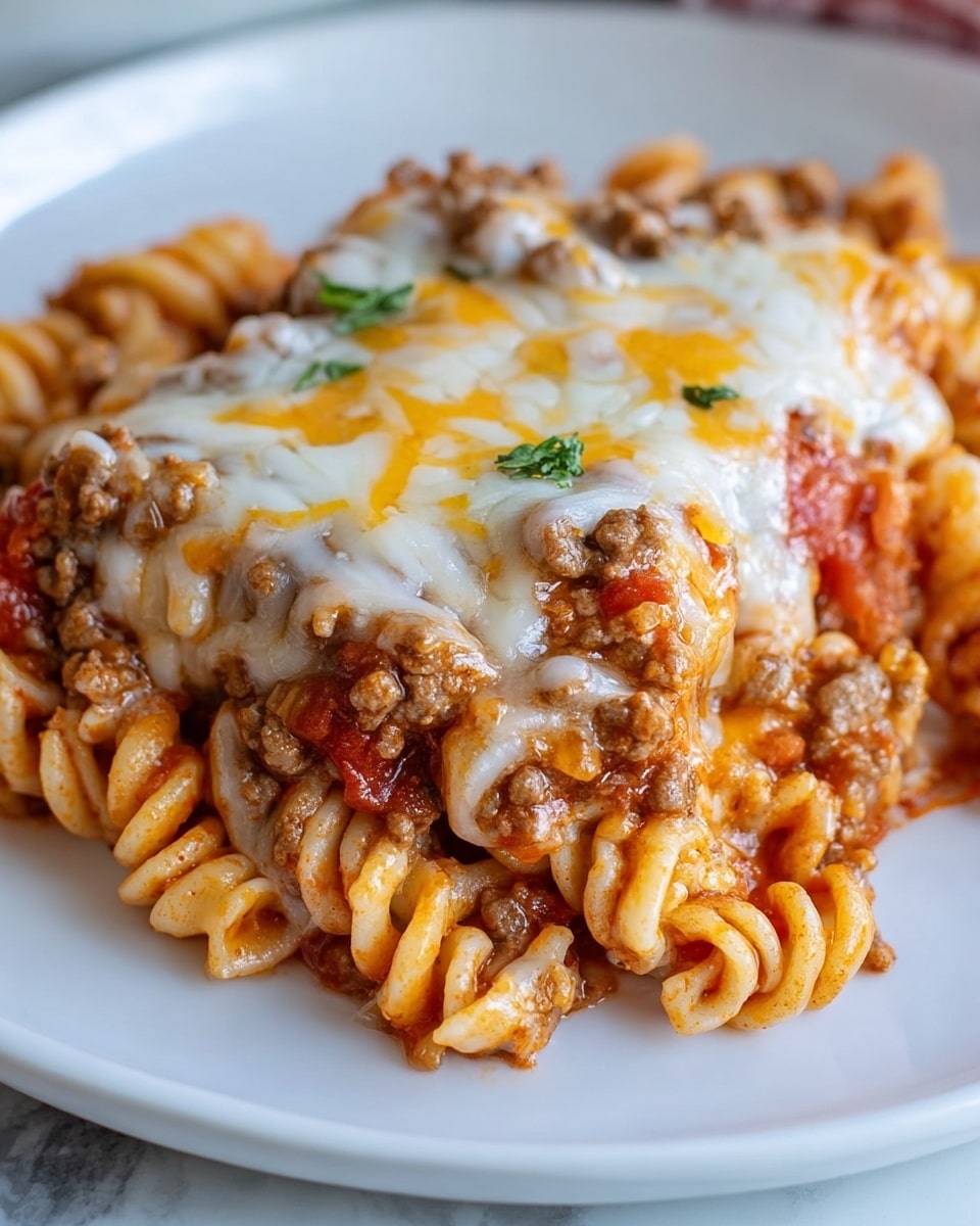 This dish has two main layers visible on a white square plate: the bottom layer is curly pasta mixed with chunky tomato pieces and some light red sauce, showing a soft and slightly saucy texture; on top of this is a thick, ground meat layer with a brown, crumbly appearance mixed with bits of tomato; the topmost layer is melted cheese that is creamy white with spots of golden yellow, spread unevenly over the meat and pasta, giving a rich and gooey look. The whole dish looks warm and hearty, sitting against a white marbled texture. photo taken with an iphone --ar 4:5 --v 7