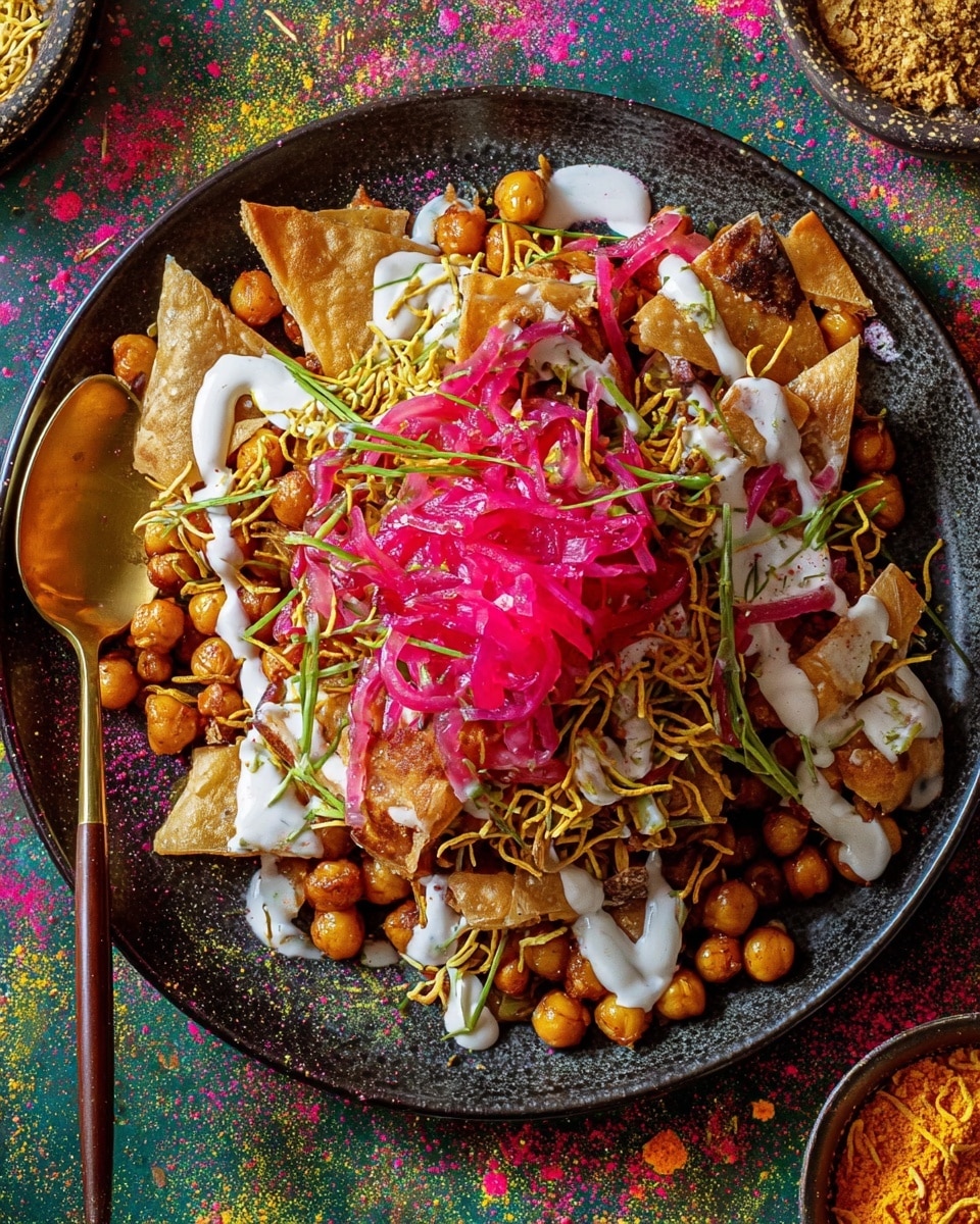 A dark round plate holds a layered dish starting with a base of golden crispy chips scattered unevenly, topped with small crunchy brown chickpeas, then drizzled with dollops of white creamy sauce. Bright pink pickled onions sit in a loose mound at the center, layered with thinly sliced fresh green chilies and scattered with thin crunchy yellow sev noodles. More sev and chickpeas are spread around the edge. The plate is placed on a dark surface with colorful powder splashes in green, pink, blue, and orange. A spoon with a wooden handle rests partly on the plate. Nearby are small bowls with more sev in one and red pomegranate seeds in another, all set on a white marbled texture. photo taken with an iphone --ar 4:5 --v 7