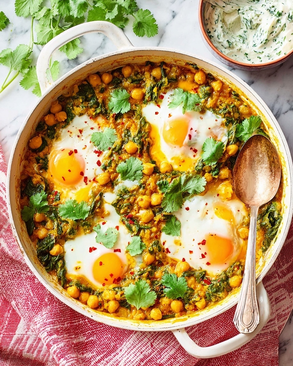 A large white skillet filled with a colorful chickpea and spinach stew with four baked eggs placed evenly on top. The stew layer is a mix of golden yellow chickpeas and green spinach, with small bits of red peppers visible, creating a textured and hearty base. The eggs have bright white edges, soft cooked whites, and sunny yellow yolks, each garnished with fresh green cilantro leaves. A spoon rests partially inside the skillet, and the pan is set on a pink and white striped cloth, lying on a white marbled surface. Photo taken with an iphone --ar 4:5 --v 7