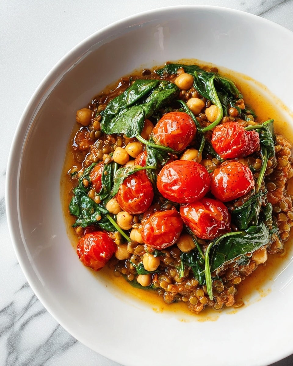The image shows a white round bowl filled with a thick stew made from yellow chickpeas, green spinach leaves, and whole red cherry tomatoes. The stew has a rich brown sauce that slightly pools around the edge inside the bowl. The chickpeas form the main layer, with bright green spinach leaves scattered on top, and juicy whole cherry tomatoes adding vibrant red spots throughout. The white marbled surface beneath the bowl creates a soft, clean background that highlights the colors and textures of the stew. photo taken with an iphone --ar 4:5 --v 7