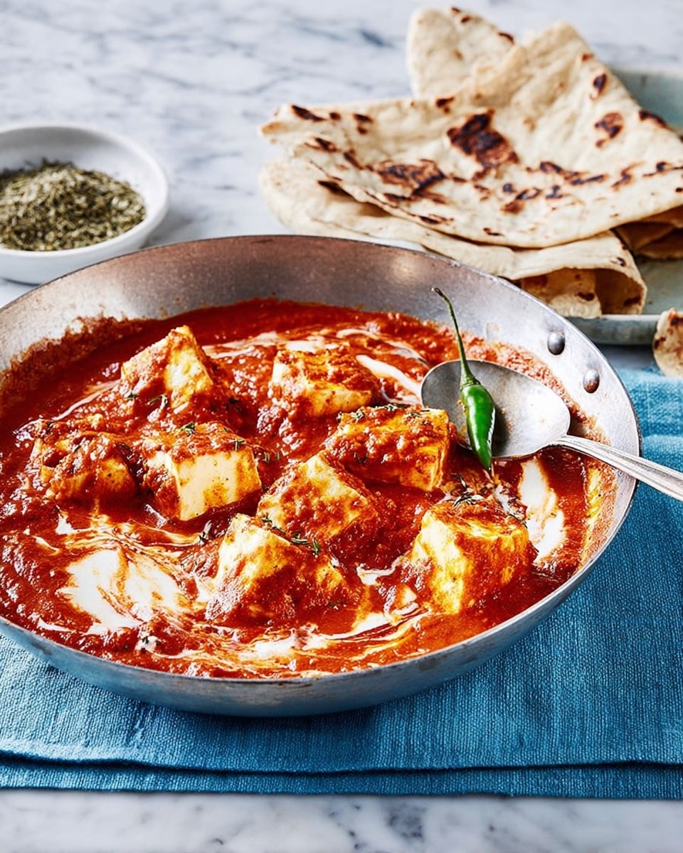 A round silver pan filled with large white cubes of paneer in a thick red tomato-based sauce mixed with creamy white swirls, with a single green chili placed on top. The pan is set on a light blue cloth with a small white bowl of green dried herbs nearby, and folded brownish flatbreads are stacked on the right side of the pan. The background shows a white marbled surface. Photo taken with an iphone --ar 4:5 --v 7