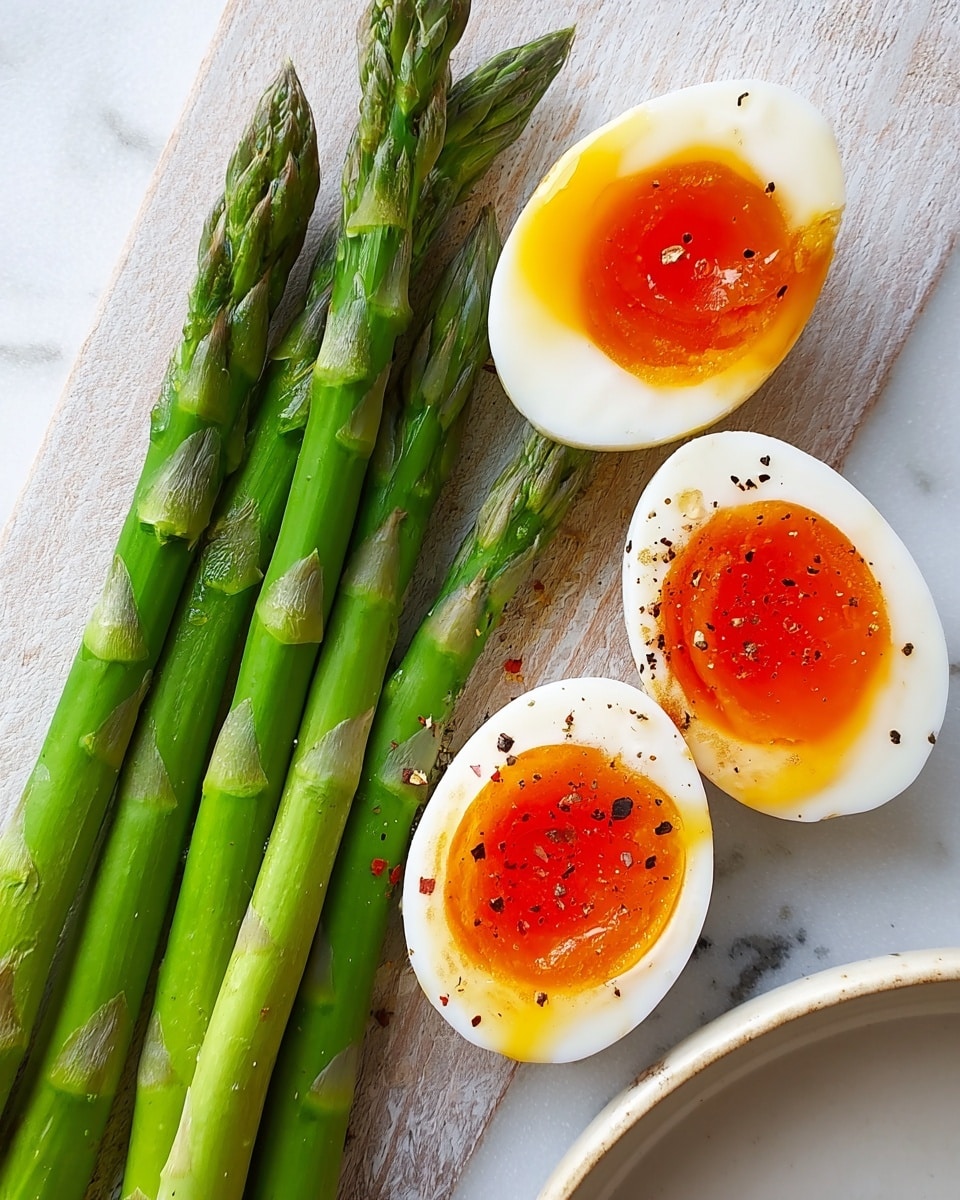 A close-up view of five bright green asparagus spears placed diagonally on a white marbled surface, alongside two halves of soft-boiled eggs with shiny, slightly runny yolks—one a bright golden yellow and the other a deeper reddish-orange—both sprinkled with cracked black pepper. The asparagus has a fresh and smooth texture with slightly pointed tips. The eggs have firm whites with a creamy center, positioned side by side near the top right of the image, creating a simple yet colorful arrangement. Photo taken with an iphone --ar 4:5 --v 7