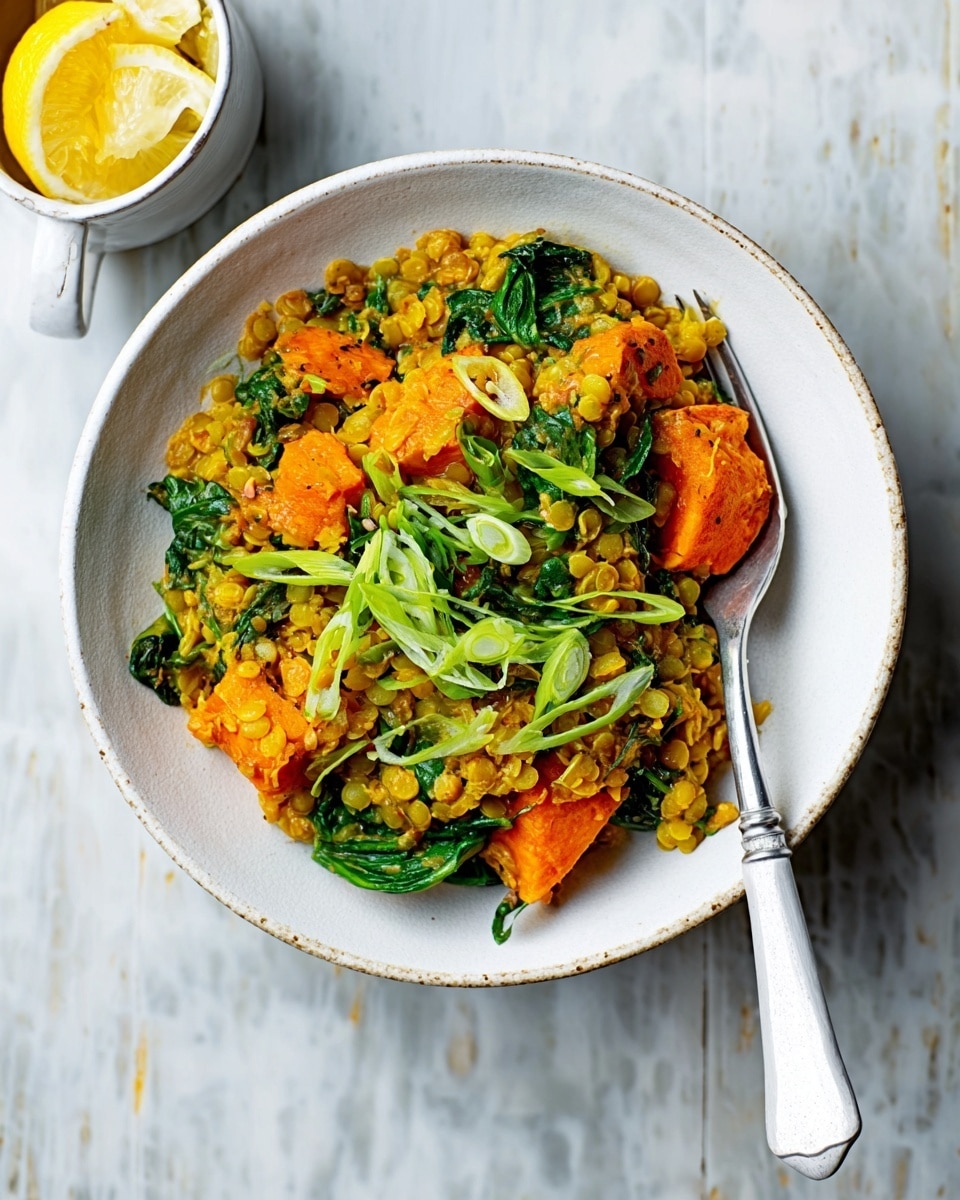 The image shows a white plate on a white marbled surface. On the plate, there is one main layer of yellow lentil curry mixed with pieces of orange pumpkin or squash, visible with a soft texture. Scattered over the top are fresh green leaves and sliced green onions, adding a fresh and vibrant touch. To the left of the plate lies a fork with a white handle, placed neatly on the plate's edge. In the top right corner, part of a white cup with a yellow slice of lemon is visible. The photo was taken with an iphone --ar 4:5 --v 7