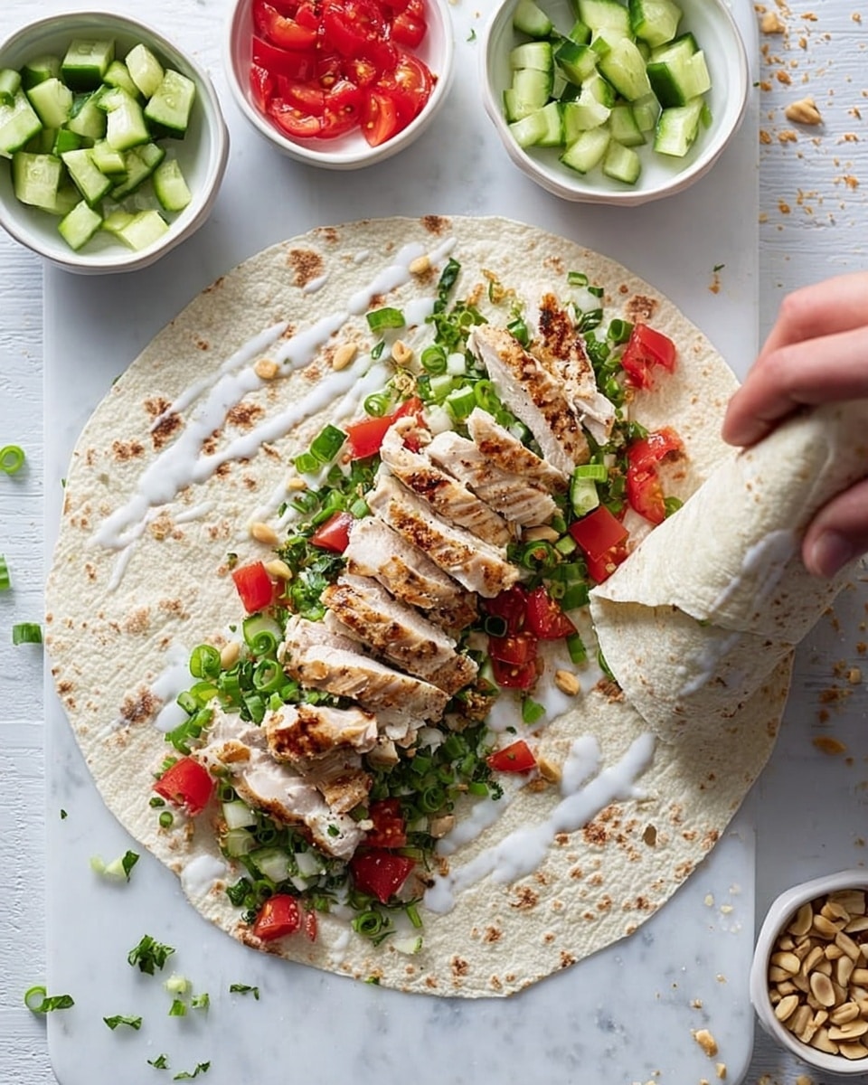 A large flat white tortilla is laid out on a white marbled surface with layers of chopped green celery, red diced tomatoes, and green herbs spread evenly across the center. On top, there are several pieces of sliced grilled chicken with a lightly browned texture. Dollops of white sauce and some pine nuts are scattered around the layers. At the top end of the tortilla, a wrap is partially rolled up, showing the filling inside. Surrounding the tortilla are three small white bowls with diced cucumbers, diced tomatoes, and pine nuts. A woman's hand is holding the rolled-up wrap at the top of the image. photo taken with an iphone --ar 4:5 --v 7