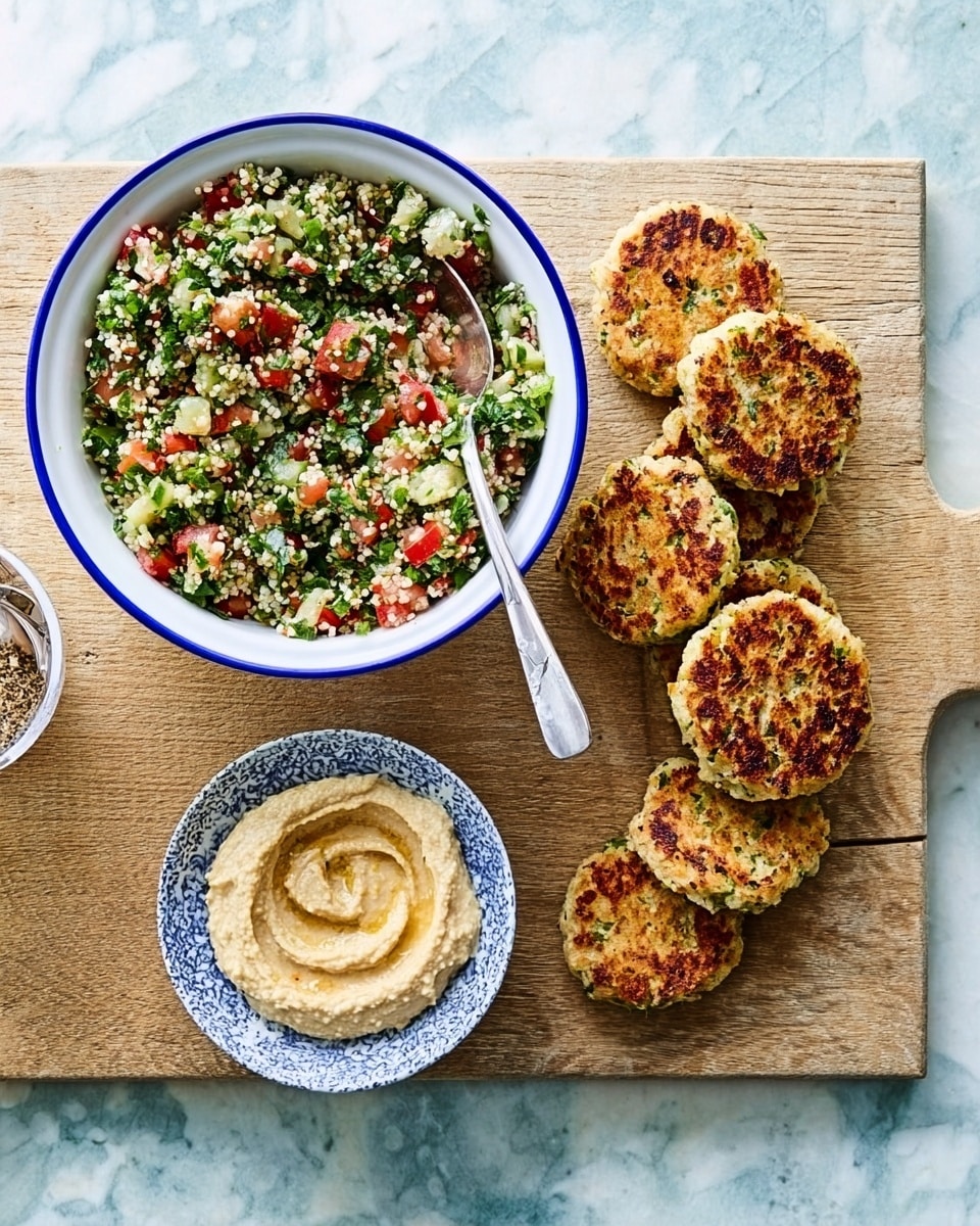 A wooden board placed on a white marbled surface holds a white bowl with a blue rim on the left side, filled with a colorful tabbouleh salad showing finely chopped green herbs, red tomatoes, and small grains, with a silver spoon resting inside. To the right of the bowl, there are two neat piles of round, golden-brown crispy patties resting directly on the board. Next to these patties, a smaller white bowl with a blue rim contains smooth hummus with a swirl pattern and a small silver spoon inside. The scene is bright and simple, with the food arranged clearly and evenly spaced. photo taken with an iphone --ar 4:5 --v 7