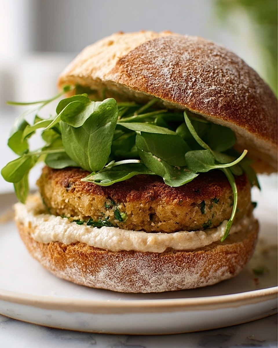 The image shows a sandwich on a round white plate with a white marbled background. The sandwich has three visible layers: the bottom layer is a toasted bread bun with a golden-brown crust, the middle layer is a thick green falafel patty with a slightly crisp texture, and on top of it is a smooth, light beige spread, likely hummus. The top layer is fresh, bright green leafy greens placed generously inside the sandwich, with the top half of the bread bun slightly tilted open, showing the inside clearly. Photo taken with an iphone --ar 4:5 --v 7