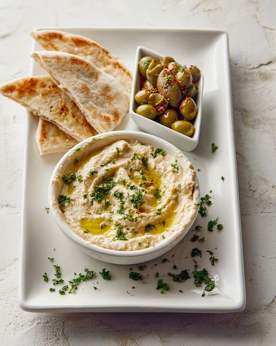 A white rectangular plate on a white marbled surface holds three items: on the left, a shallow white bowl filled with creamy beige hummus drizzled with golden olive oil and sprinkled with small, fresh green herb leaves; on the right, a small white square dish contains green olives coated with shiny oil and a tiny touch of red seasoning; in the background, two pieces of soft, light beige pita bread are stacked, slightly torn, and leaning against the dish with olives. photo taken with an iphone --ar 4:5 --v 7