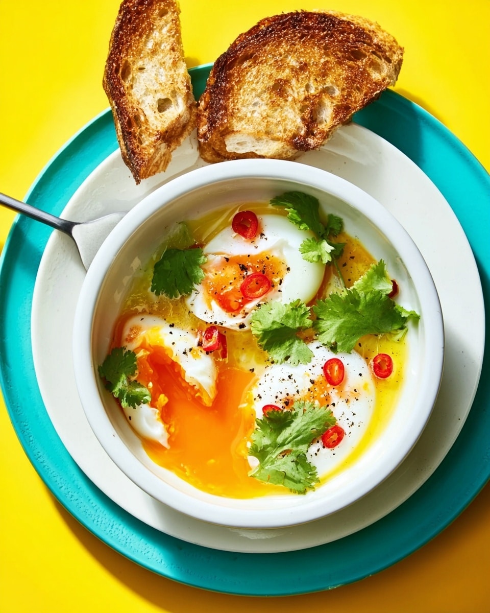 A bowl of soft poached eggs sits in the middle on a white plate, which is on a white marbled surface. The eggs have a runny yolk visible on one side, surrounded by white egg whites. The top of the eggs is garnished with fresh green cilantro leaves and small red chili slices. There is a light sprinkle of black pepper on the eggs. A silver spoon is placed inside the bowl on the right side, dipping into the yolk. To the left of the bowl, two slices of toasted brown bread are stacked slightly overlapping with a smear of melted butter on top. The background is bright yellow. Photo taken with an iphone --ar 4:5 --v 7