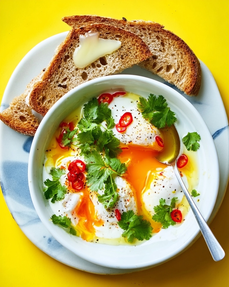The image shows a white bowl with two soft-boiled eggs in the center, each egg white smooth and slightly broken to reveal a bright orange yolk oozing out. The eggs are topped with fresh green cilantro leaves and small slices of red chili scattered on the surface. Around the eggs, there is a yellow sauce with a bit of black pepper sprinkled on top. The bowl sits on a white plate, which is placed on a larger teal plate, all resting on a bright yellow background. To the left of the bowl, there are two toasted pieces of bread on the yellow surface, with a woman's hand holding a piece of toast that has some egg yolk spread on it. Photo taken with an iphone --ar 4:5 --v 7