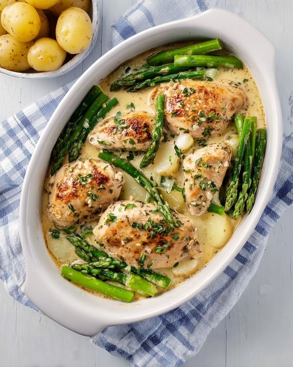 In the image, there is a white oval dish with two handles, filled with cooked chicken breasts covered in a creamy light beige sauce. Long green asparagus spears are mixed around and on top of the chicken, adding a fresh contrast. The chicken looks soft and moist, with some black pepper sprinkled on it. Next to the dish, there is a small white bowl containing smooth new potatoes with a yellow-brown skin. The whole setup is placed on a white marbled surface with a blue and white checkered cloth partially underneath the white dish, adding a soft touch to the scene. photo taken with an iphone --ar 4:5 --v 7