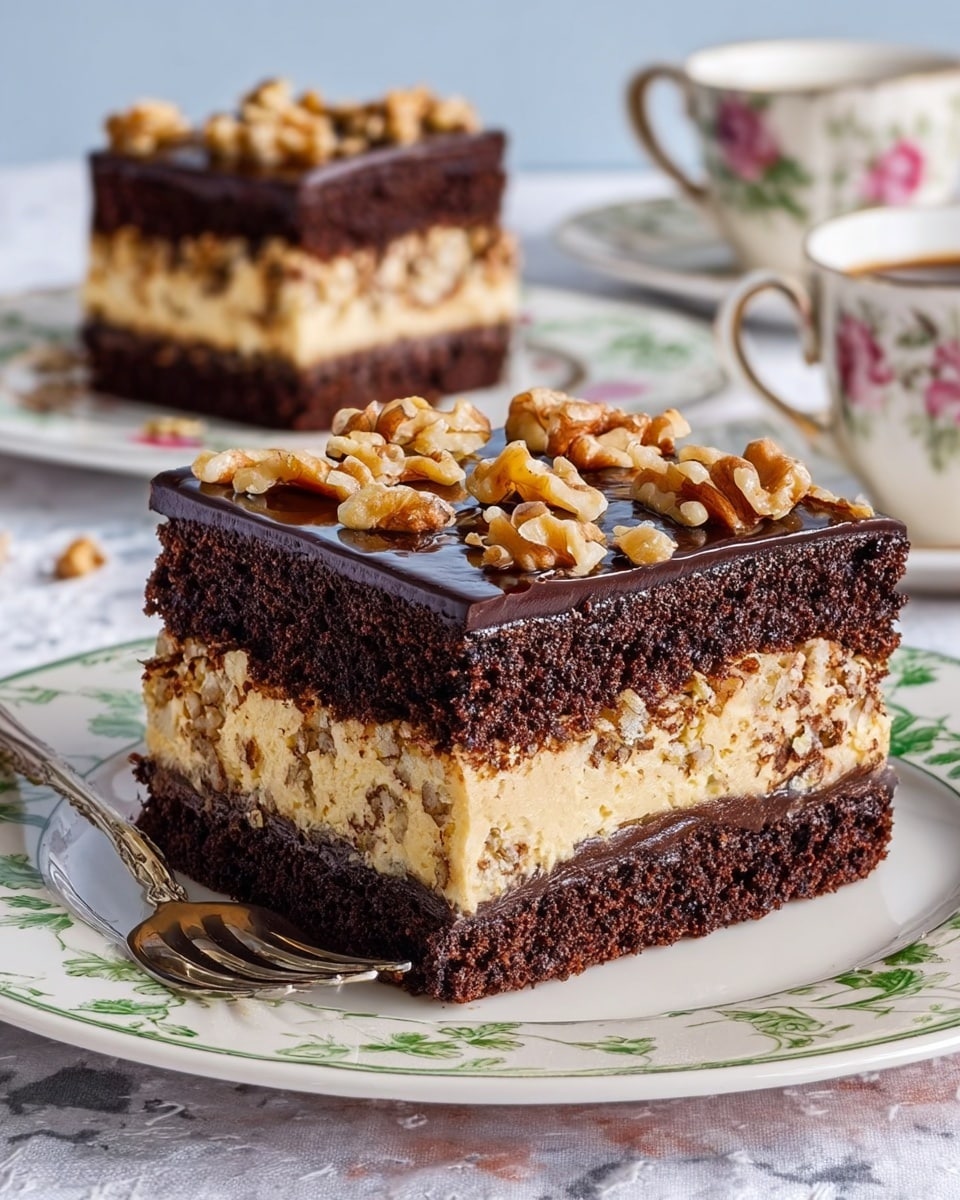 The image shows a square slice of layered chocolate cake on a white plate with a floral pattern, placed on a white marbled surface. The cake has three thick layers: two dark brown chocolate sponge layers at the top and bottom, and a thick creamy layer in the middle filled with chopped walnuts. The top chocolate layer is covered with a shiny dark chocolate glaze decorated with whole walnut pieces scattered on top. In the background, there is another slice of the same cake on a white plate and a white teacup and teapot with floral designs. photo taken with an iphone --ar 4:5 --v 7