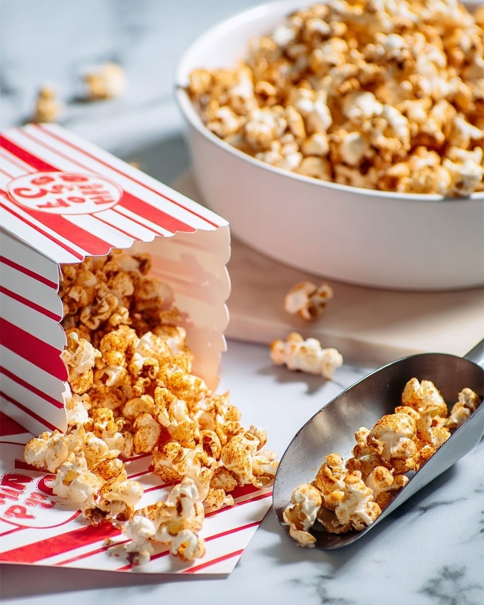 The image shows a pile of golden caramel popcorn with an orange-brown coating scattered on a white marbled surface. The popcorn is spilling out of a red and white striped paper popcorn bag lying on its side. Next to the bag, there is a metal scoop with some popcorn inside. In the background, there is a shallow white bowl filled with more popcorn. The scene has bright lighting, making the popcorn look crunchy and shiny. Photo taken with an iphone --ar 4:5 --v 7