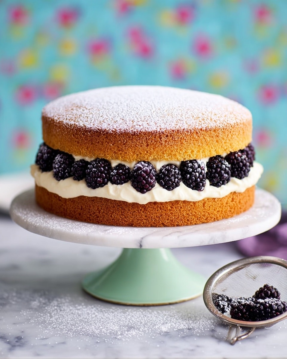 The image shows a two-layer sponge cake with a golden brown color, dusted lightly with white powdered sugar on top. Between the two layers is a thick layer of white cream filling with smooth texture, along with whole dark purple blackberries neatly lined up around the cream's edge. The cake sits on a white cake stand with a pale green base, placed on a white marbled surface. In the foreground, there is a metal sifter with some powdered sugar inside and sprinkled nearby. The background features soft, blurry pastel colors. photo taken with an iphone --ar 4:5 --v 7