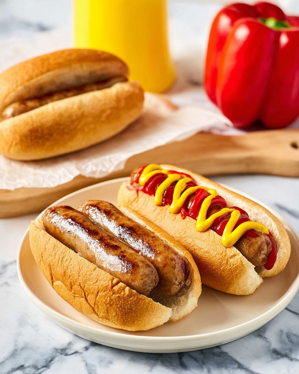 The image shows two browned sausages placed side by side on a white plate in front. Behind the plate, there are two soft, golden-brown hot dog buns lying on white parchment paper, with one bun holding a cooked sausage topped with zigzag lines of bright yellow mustard and red ketchup. The setting has a white marbled surface beneath the food, with a red bell pepper on the left and a yellow juice bottle in the background. photo taken with an iphone --ar 4:5 --v 7