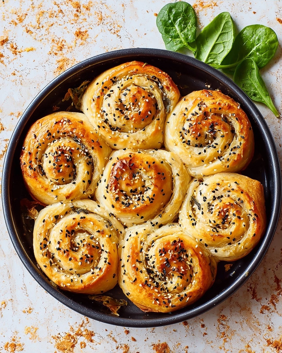 The image shows a round baking pan filled with six golden-brown spiral pastries topped with black sesame seeds. Each pastry has multiple thin, flaky layers that curl inward creating a swirl shape, with a slightly shiny and crispy surface. The pastries sit closely together on the dark pan, with some visible flaky crumbs around the edges. The pan rests on a white marbled surface scattered with orange and yellow patterns. A few green spinach leaves are placed nearby on the surface. photo taken with an iphone --ar 4:5 --v 7