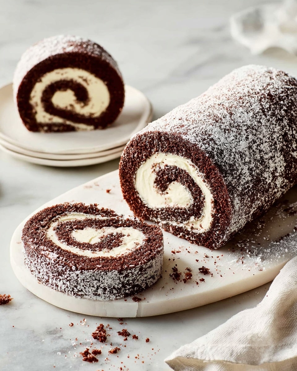A chocolate roll cake is shown with two visible layers: a dark brown chocolate sponge rolled around a smooth light cream filling creating a spiral pattern. The outside of the roll cake is covered with a dusting of fine white powdered sugar, giving a soft texture. One thick slice of the roll is cut and placed beside the larger roll on a white plate. Another slice sits alone on a separate white plate on the right, placed on a white cloth. The whole setting is on a light white marbled textured surface. photo taken with an iphone --ar 4:5 --v 7