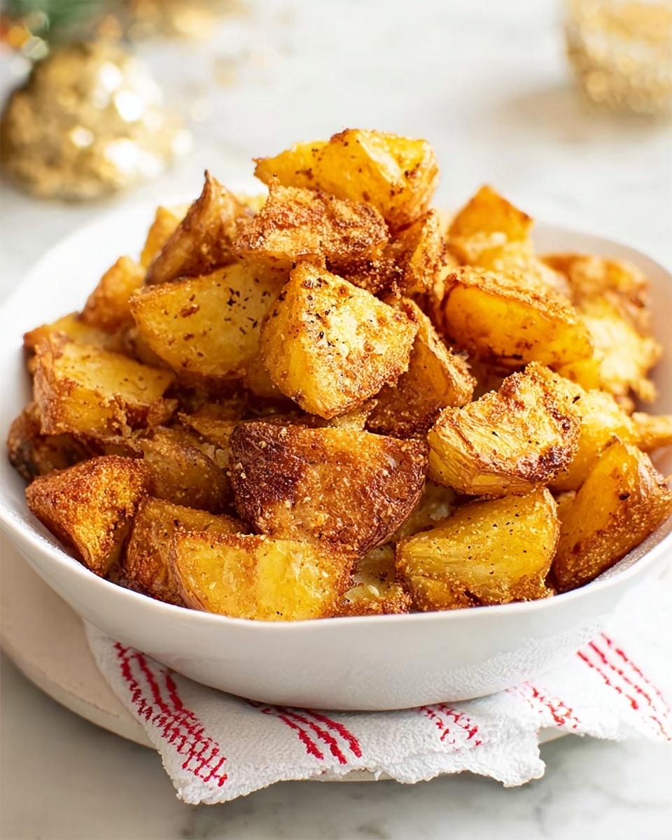 A white bowl filled with golden brown roasted potato chunks, each piece showing a crispy texture with specks of herbs and seasoning. The potato pieces appear slightly uneven in size with rough, crunchy edges, stacked loosely in the bowl. The bowl sits on a white cloth with red stitching, placed on a white marbled surface. The background is softly blurred with warm, neutral colors suggesting a cozy setting. Photo taken with an iphone --ar 4:5 --v 7