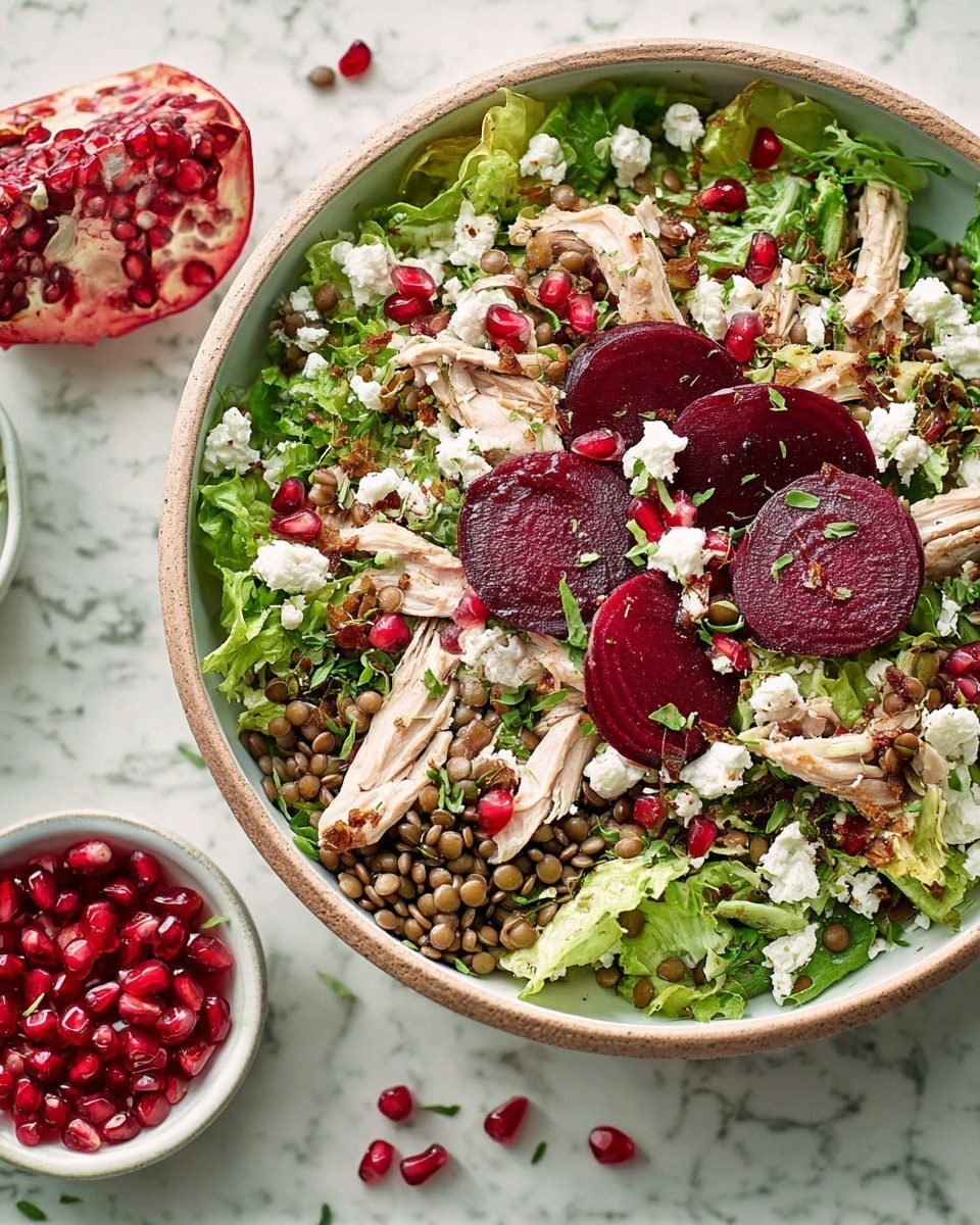 A white bowl filled with a fresh salad resting on a white marbled surface. The bottom layer consists of green leafy vegetables and cooked lentils, adding texture and an earthy tone. On top, there are shredded light-colored chicken pieces scattered evenly. Large, thin slices of deep red beetroot are placed across the salad, adding vibrant color contrast. Small bright red pomegranate seeds are sprinkled all over, with some falling around the bowl. White crumbled cheese dots the salad, adding a soft texture. A few fresh green herb sprigs are spread on top, completing the layers with a touch of natural green. A small white dish with extra pomegranate seeds is placed nearby. Photo taken with an iphone --ar 4:5 --v 7