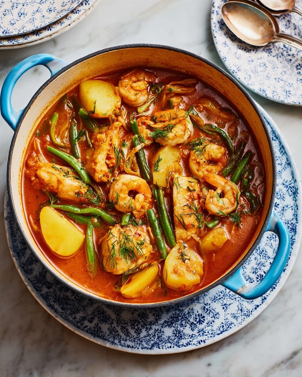 A large light blue pot filled with rich orange-red broth, containing several layers of food: the base layer is a thick sauce with diced onions and herbs; floating on top are medium-sized chunks of white fish with bits of green herbs, plump shrimp with a pinkish color, and tender green beans scattered evenly. There are thin slices of yellow potatoes mixed in, along with a few bay leaves adding contrast. The pot sits on a colorful patterned trivet, set on a white marbled surface, with a white bowl and two spoons beside it. photo taken with an iphone --ar 4:5 --v 7