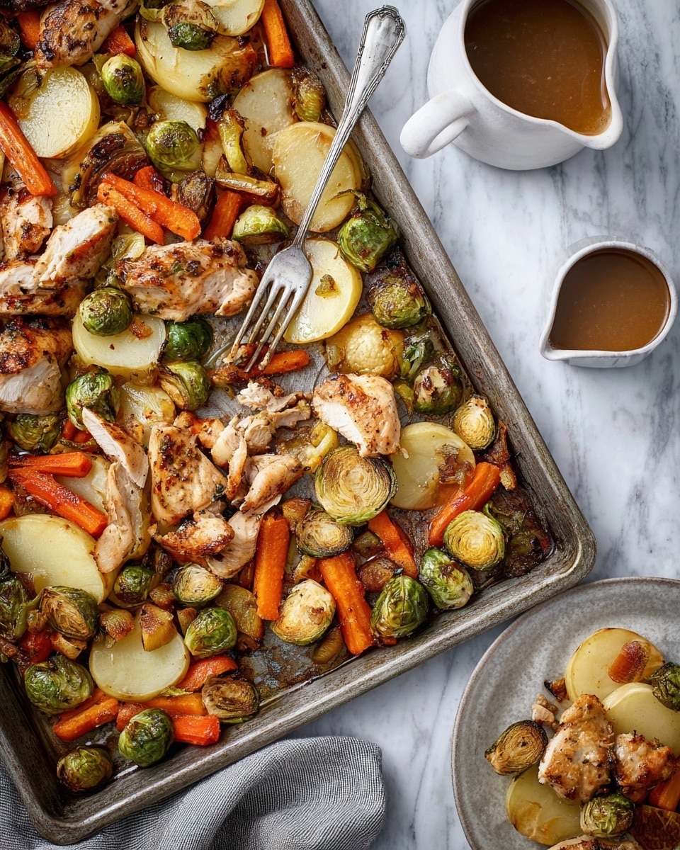 A metal tray filled with a one-layer roasted dish consisting of golden brown chicken pieces scattered across thinly sliced round potato layers with a light golden and slightly crispy texture, surrounded by bright green roasted Brussels sprouts and orange carrot slices. The chicken has darker grilled marks and sits unevenly on the vegetable base. A metal fork rests on the tray lifting some chicken and vegetables. To the left, there is a white plate with a serving of the roasted mix, and above it, a small blue-grey cream pitcher with a light brown sauce sits on a white marbled surface. photo taken with an iphone --ar 4:5 --v 7