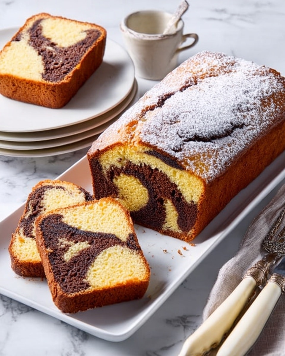 A loaf of marble cake with two distinct layers, one light yellow and soft looking, the other rich dark brown with a swirl pattern inside the cake, sits on a white rectangular plate. Three slices are cut from the loaf and placed on the plate, showing the clear swirl of chocolate and vanilla layers. Nearby, a stack of three white plates holds one slice of the cake. The cake has a slightly cracked top dusted with powdered sugar. A woman's hand is holding a fork near the plates. The scene is set on a white marbled texture background with two forks and a silver cake server placed beside the plate. Photo taken with an iphone --ar 4:5 --v 7