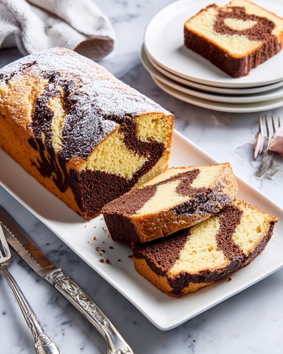 A rectangular marble cake loaf with a visible swirl pattern of dark chocolate and light yellow vanilla batter sits on a white rectangular plate; two slices are cut, showing the neat two-layer swirl inside with smooth textures and a dusting of powdered sugar on top; beside the platter, there is a stack of three white plates, with one plate holding another slice of the cake, placed on a white marbled surface background; near the loaf, vintage silver cake server and fork with ivory handles lie next to each other, enhancing the cozy, inviting look of the scene. photo taken with an iphone --ar 4:5 --v 7