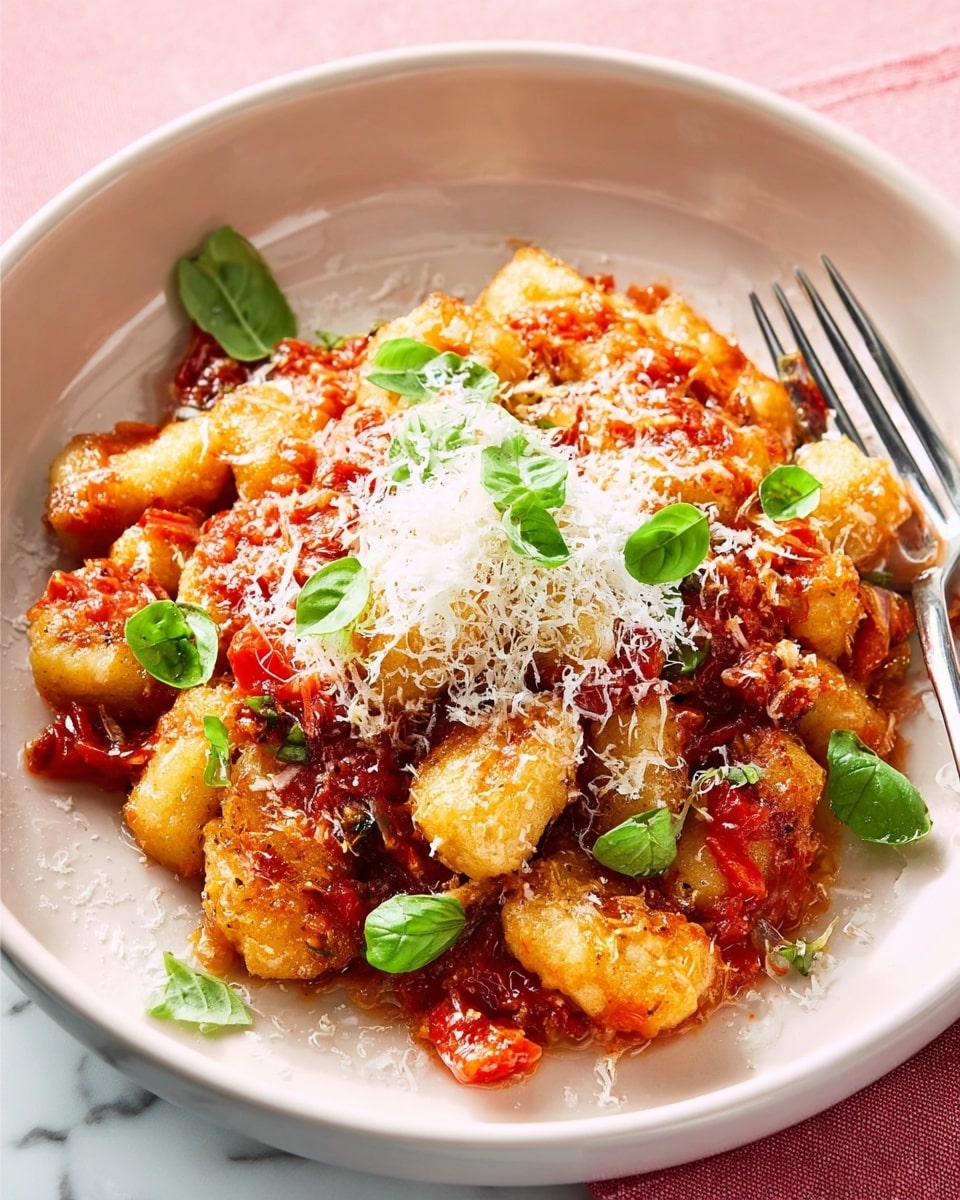 The dish features a white plate filled with golden brown fried gnocchi pieces as the base layer, covered by a chunky red tomato sauce with visible bits of tomato and herbs scattered throughout. On top, there is a generous mound of finely shredded white cheese, melting slightly over the warm gnocchi. Bright green fresh basil leaves are sprinkled around and on top, adding vibrant color and freshness. The plate is placed on a white marbled surface with a white fork resting on the left side of the plate. Photo taken with an iphone --ar 4:5 --v 7