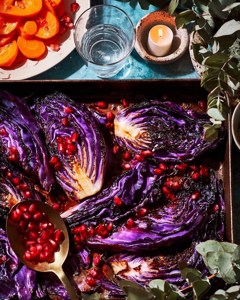 The image shows a dark metal tray with five wedges of roasted purple cabbage, each wedge showing layers of deep purple and light white-veined leaves. Bright red pomegranate seeds are scattered over and around the cabbage, adding pops of vibrant red on the tray. A copper spoon with some seeds rests on the left edge of the tray. Above the tray is a white marbled surface with a round candle in a brown holder accompanied by green leaves and small white flowers. To the top left, part of a white plate holds sliced bright orange vegetables. The whole scene is colorful with a contrast between the dark tray and the bright food and decorations. photo taken with an iphone --ar 4:5 --v 7