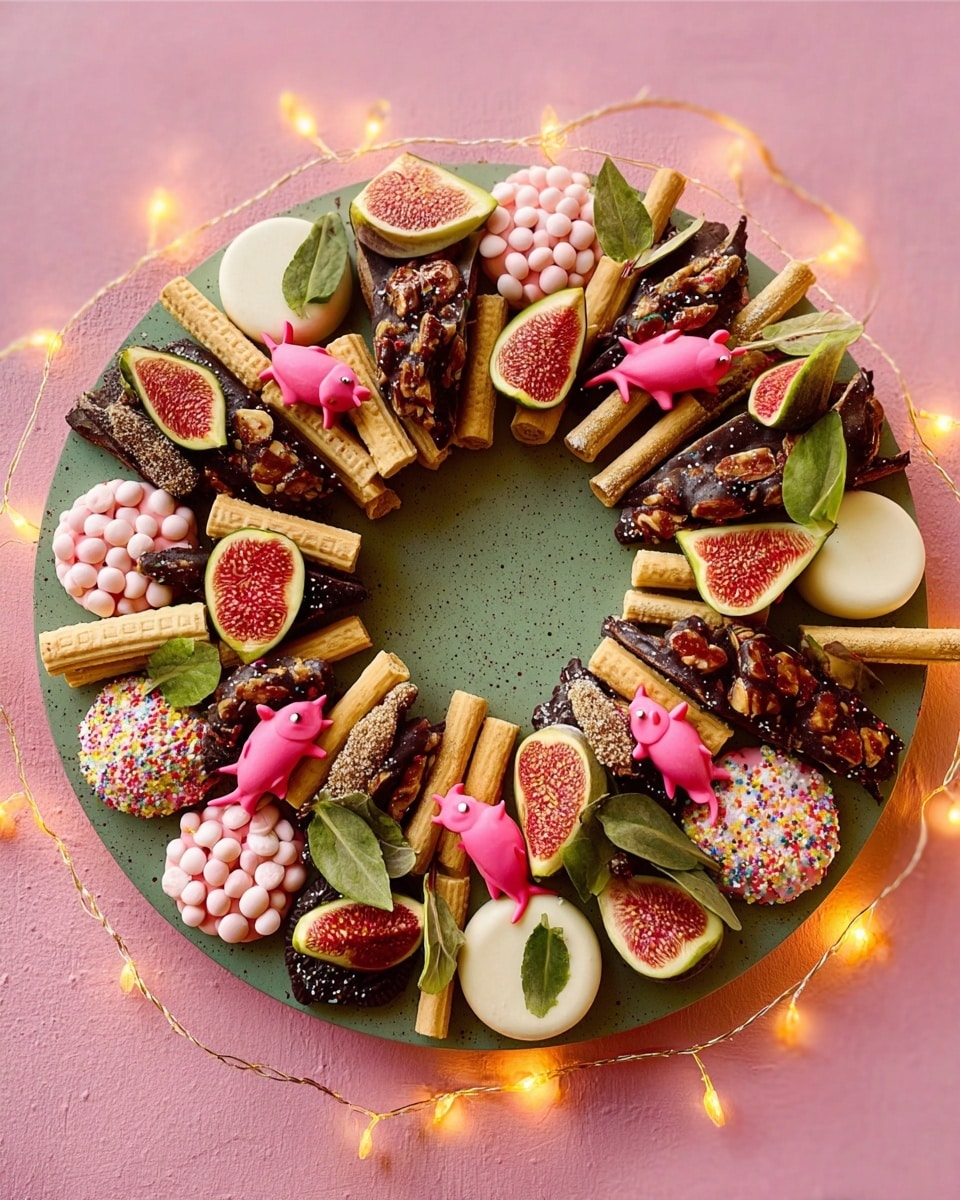 A round green board is arranged like a wreath with many layers of different treats. The outermost layer shows beige wafer cookies placed at regular gaps along with some long brown rolled wafer sticks. Between these, there are dark chocolate cookie slices with bits of nuts and white chocolate bits. Bright pink candy mice are scattered evenly around the circle, adding a playful touch. Fresh fig halves with dark red centers and green leafy sprigs fill the spaces, adding a natural look. Small white chocolate discs with colorful sprinkles and light pink round candies form clusters around the wreath. The board sits on a soft pink surface with tiny warm string lights around the edge. photo taken with an iphone --ar 4:5 --v 7