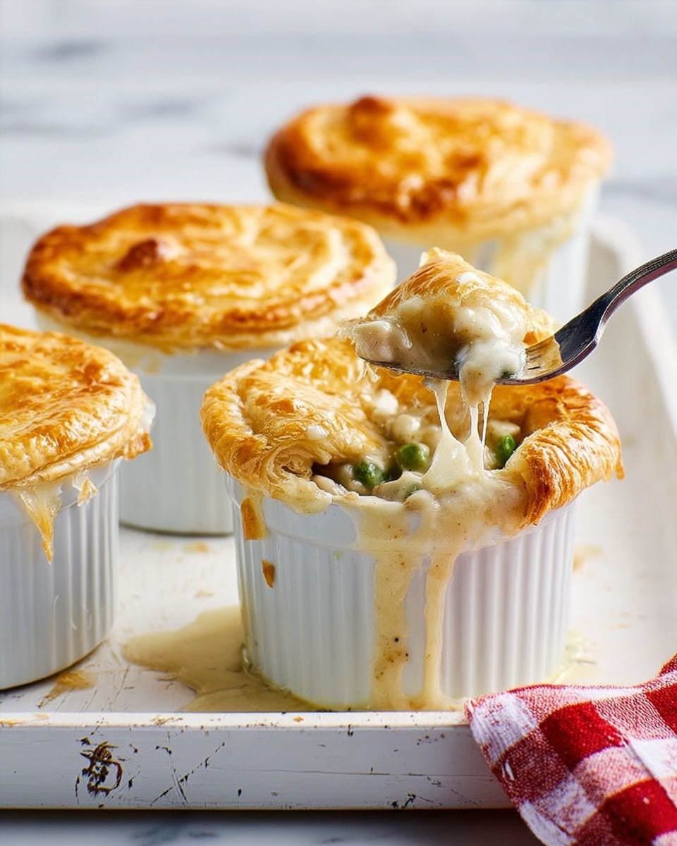 The image shows four individual pot pies in white ceramic ramekins on a white tray with a red and white checkered cloth underneath. Each pot pie has a golden brown, flaky crust with a slightly uneven surface on top. One pie in the front has a piece cut out, revealing a creamy filling with chunks of light-colored vegetables and bits of meat inside. A fork is lifting some of the creamy filling along with crust, and a drip of the filling is running down the side of the ramekin. The setting is on a white marbled surface. Photo taken with an iphone --ar 4:5 --v 7