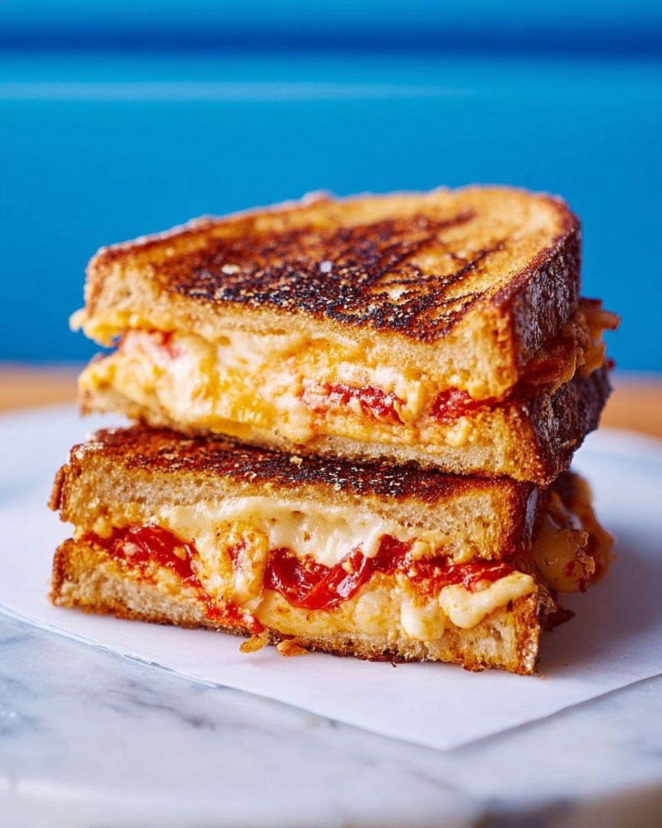 A close-up image shows a grilled cheese sandwich cut in half and stacked, with two thick slices of toasted bread that are golden brown and crispy on the outside. Between the bread layers, there is a melted layer of light yellow cheese mixed with red tomato pieces, creating a gooey and slightly chunky texture. The sandwich is placed on white paper resting on a blue surface, with a soft blue background that contrasts with the warm colors of the sandwich. Photo taken with an iphone --ar 4:5 --v 7