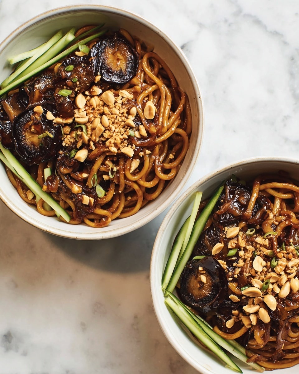 Two white bowls filled with thick, yellowish-brown noodles coated in a shiny sauce sit on a white marbled surface. On top of the noodles, there are dark, grilled rounds of mushrooms adding a textured and rich brown color. Light-colored crushed peanuts are sprinkled all over the dish, giving a crunchy look to the soft noodles. Fresh green cucumber sticks are placed on top, adding a bright contrast to the warm tones of the noodles and mushrooms. The bowls have a simple, smooth design, enhancing the focus on the vibrant food inside. photo taken with an iphone --ar 4:5 --v 7