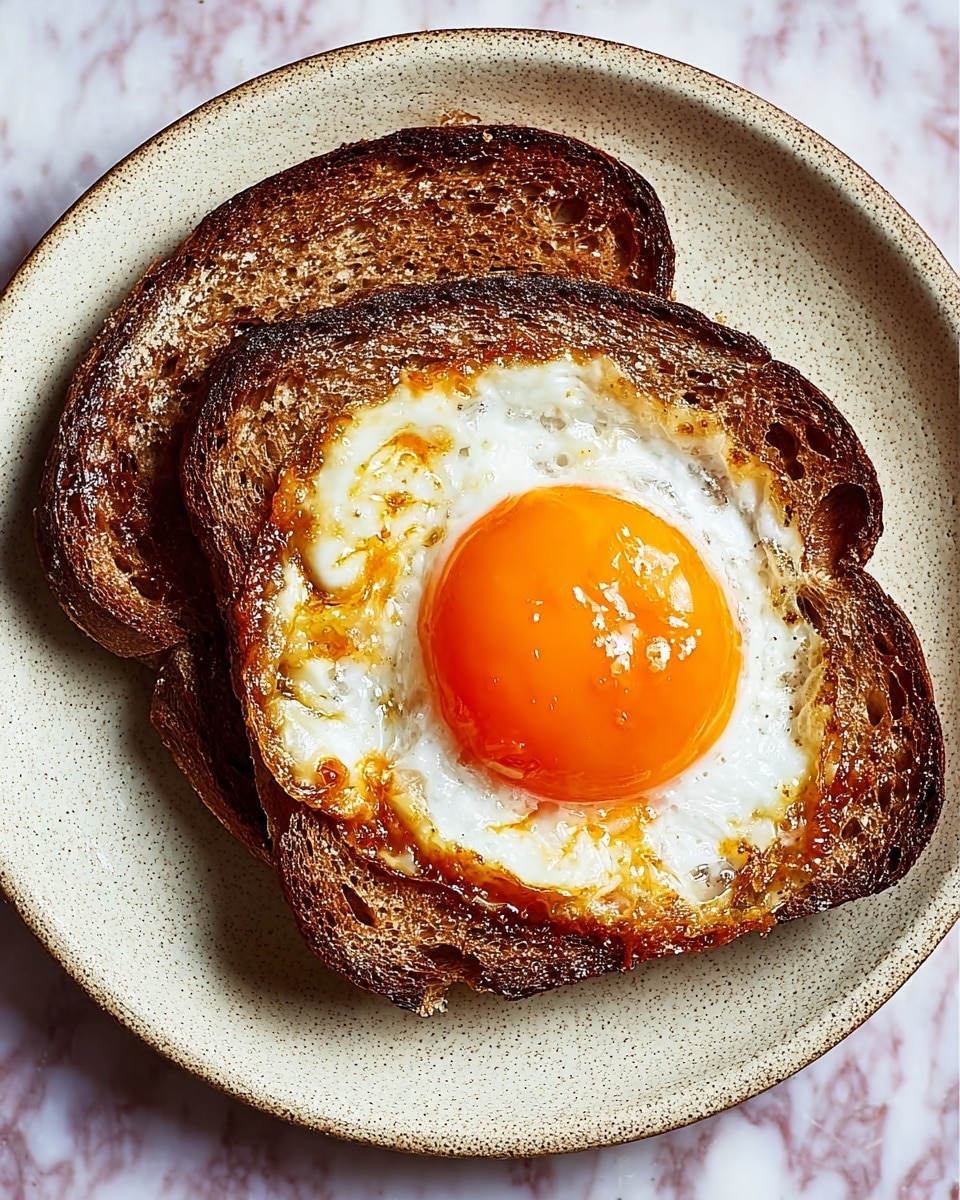 The image shows a dish with two slices of dark toasted bread placed on a white plate, overlapping slightly. On top of the bread is a fried egg with a bright orange yolk that is slightly runny, surrounded by cooked white egg whites with some browning around the edges. The toast has a crunchy, rough texture with visible bubbles and some darker burnt spots. The plate sits on a white marbled surface. photo taken with an iphone --ar 4:5 --v 7