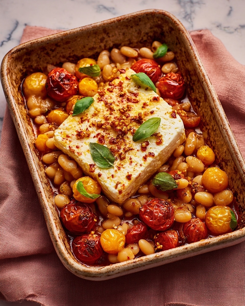A rectangular rustic baking dish filled with a colorful mix of cooked yellow and red cherry tomatoes and large white beans, all glistening with olive oil and spices. On top, there is a block of baked white feta cheese sprinkled with red pepper flakes and small green basil leaves scattered around both on the cheese and the tomato-bean mix. The baking dish has an aged, textured look and is placed on a soft pink cloth over a white marbled surface. photo taken with an iphone --ar 4:5 --v 7